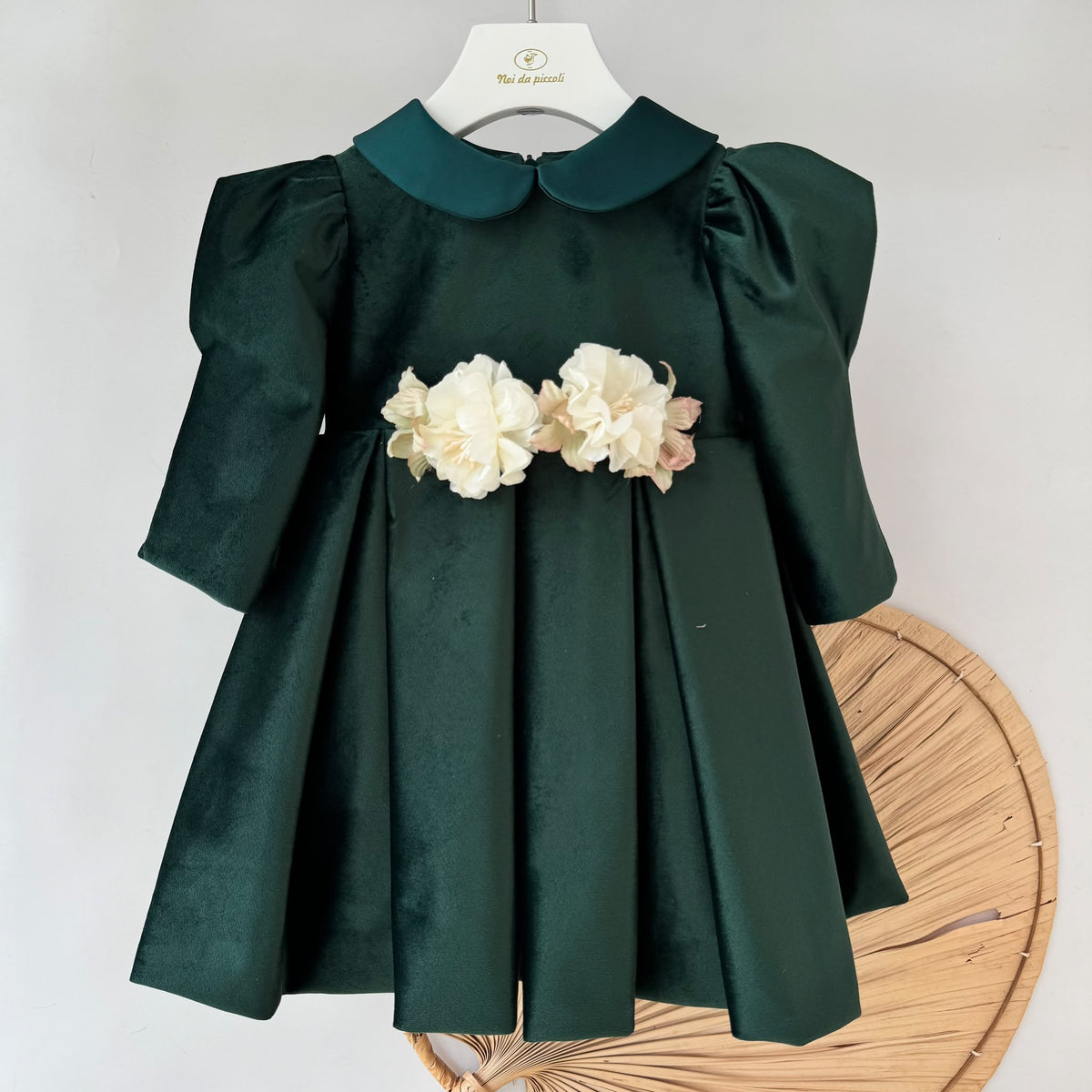 Vestito Cerimoniale Velluto con Fiori Verde Isabel - Noi da piccoli
