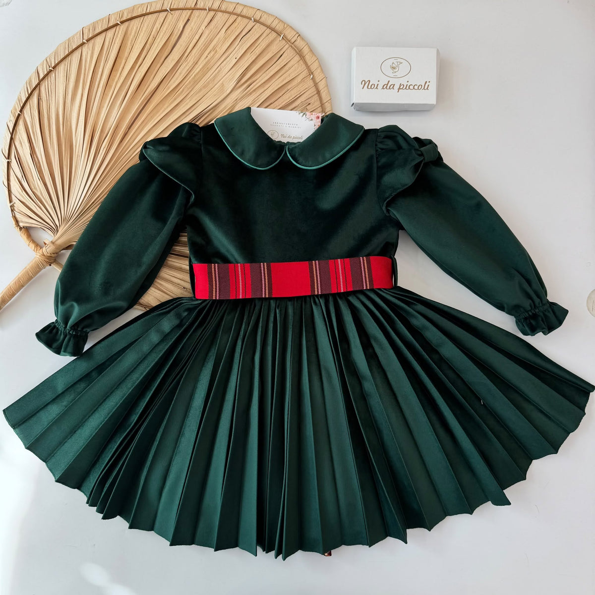 Vestito Manica Lunga Velluto con Fascia Tartan Verde Isabel - Noi da piccoli