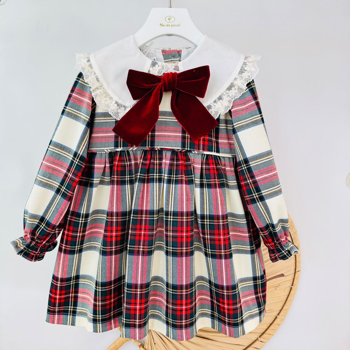 vestito Tartan Natalizio con Maxi Fiocco in Velluto BORDEAUX - Noi da piccoli
