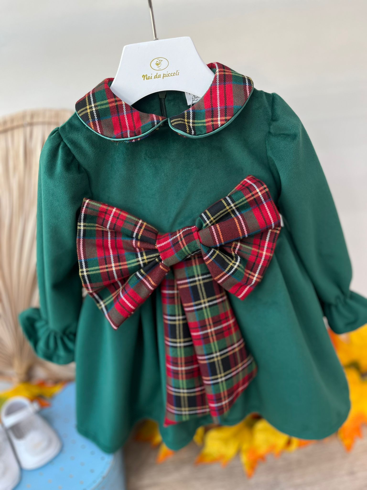 CHRISTMAS DRESS IN VELVET WITH BOW AND COLLAR IN GREEN TARTAN TARTAN