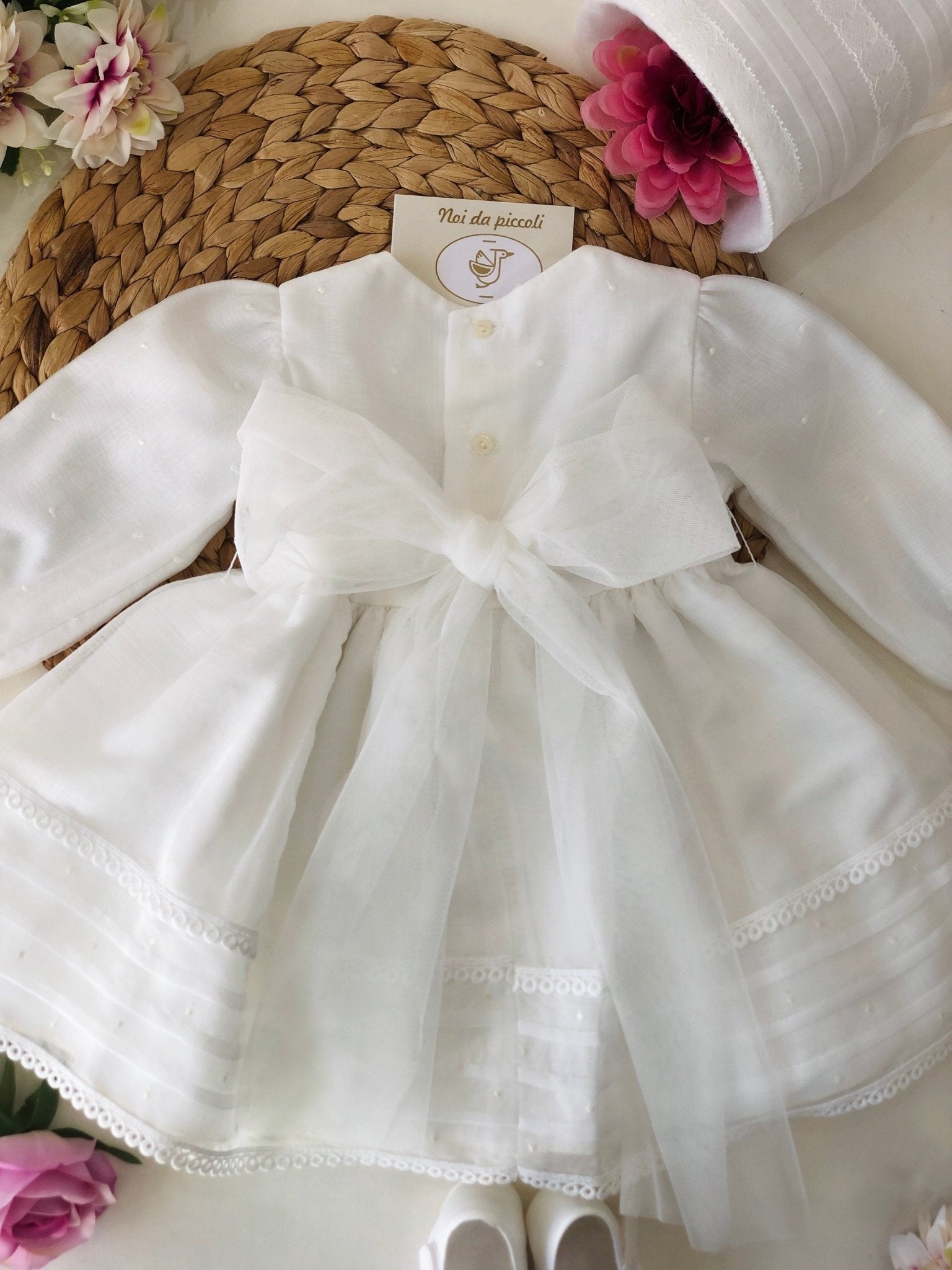 ABITINO CERIMONIALE BIANCO CON FIORE VERDE SOPHIA - Noi da piccoli