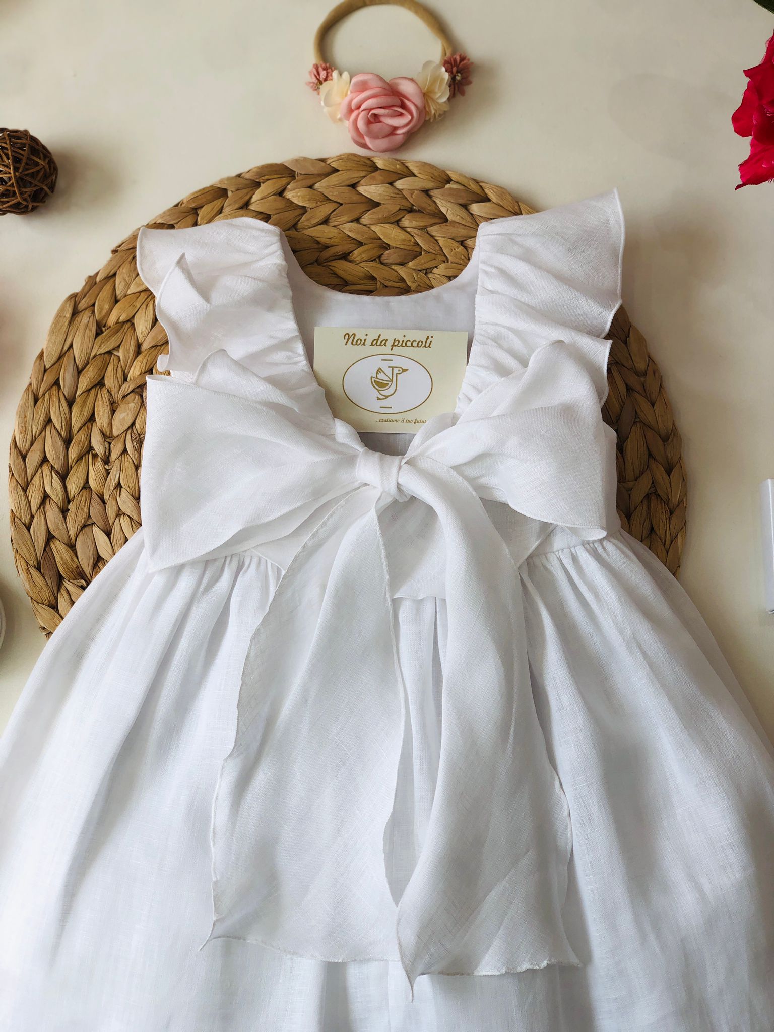 ELEGANT LINEN DRESS WITH LITTLE PINK FLOWERS