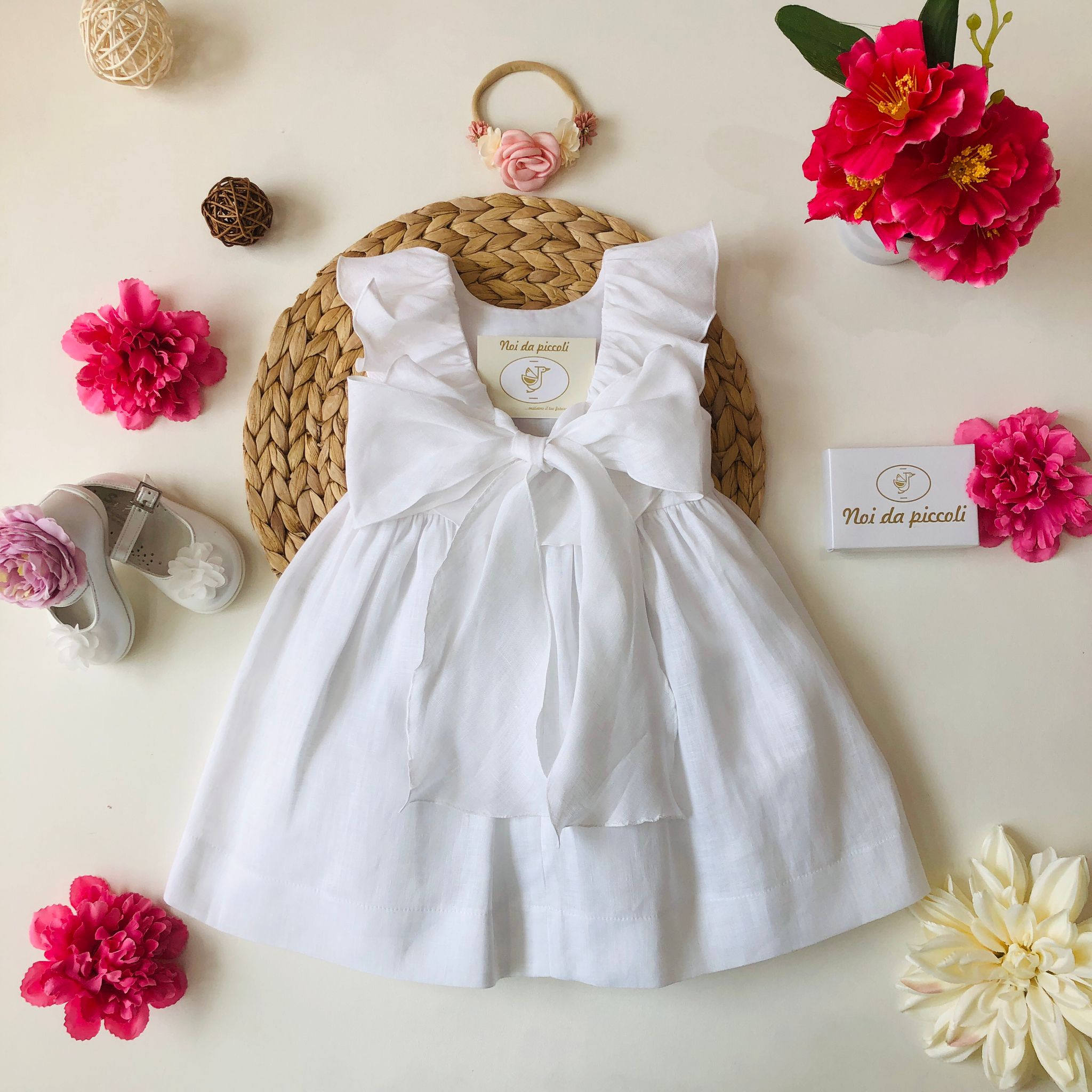 ELEGANT LINEN DRESS WITH LITTLE PINK FLOWERS