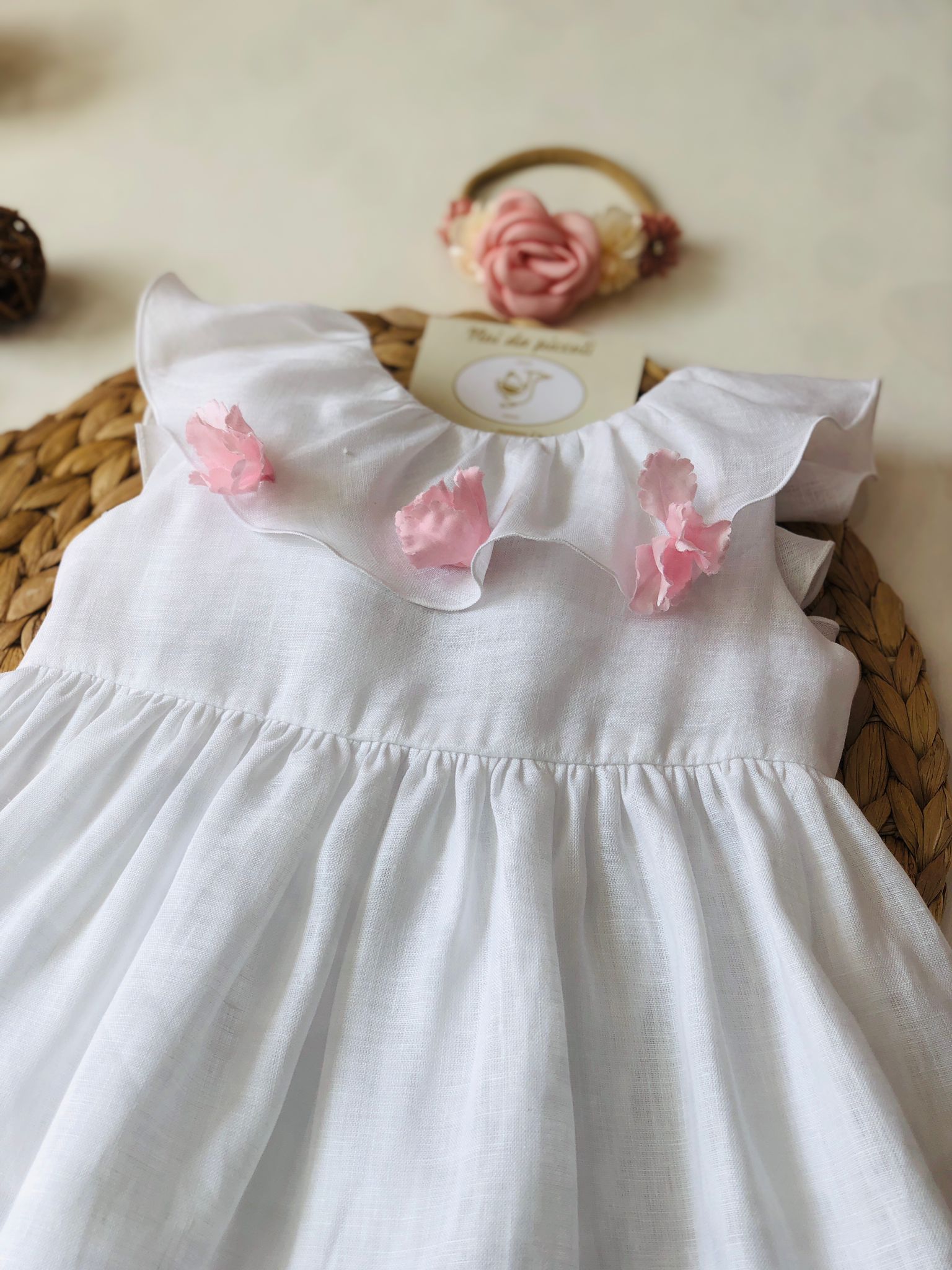 ELEGANT LINEN DRESS WITH LITTLE PINK FLOWERS