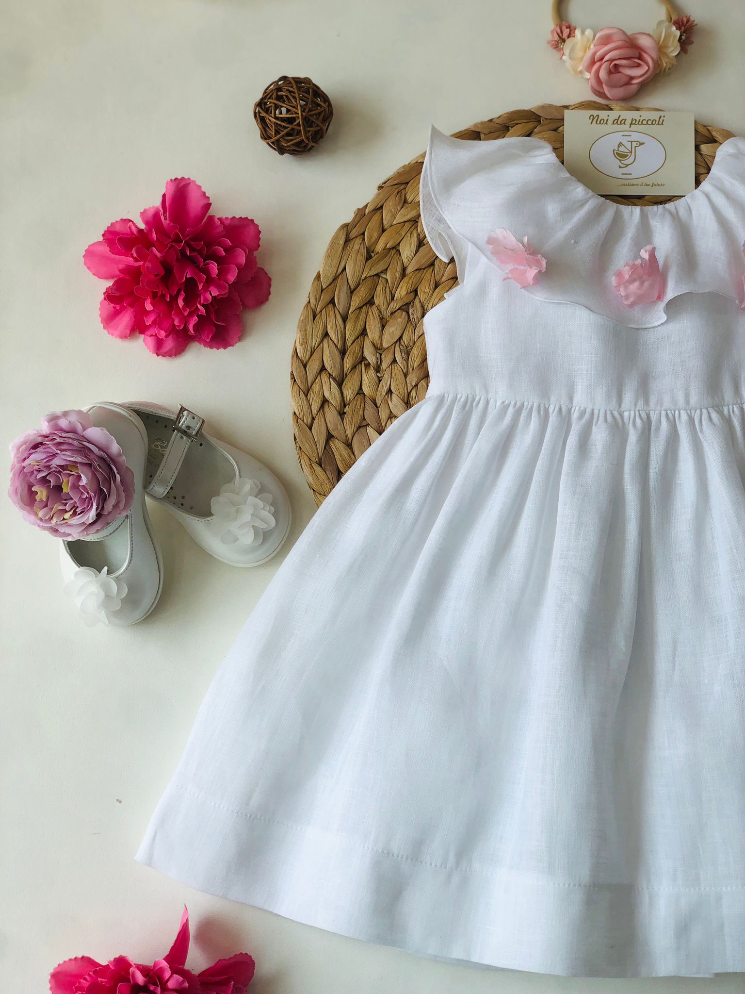 ELEGANT LINEN DRESS WITH LITTLE PINK FLOWERS