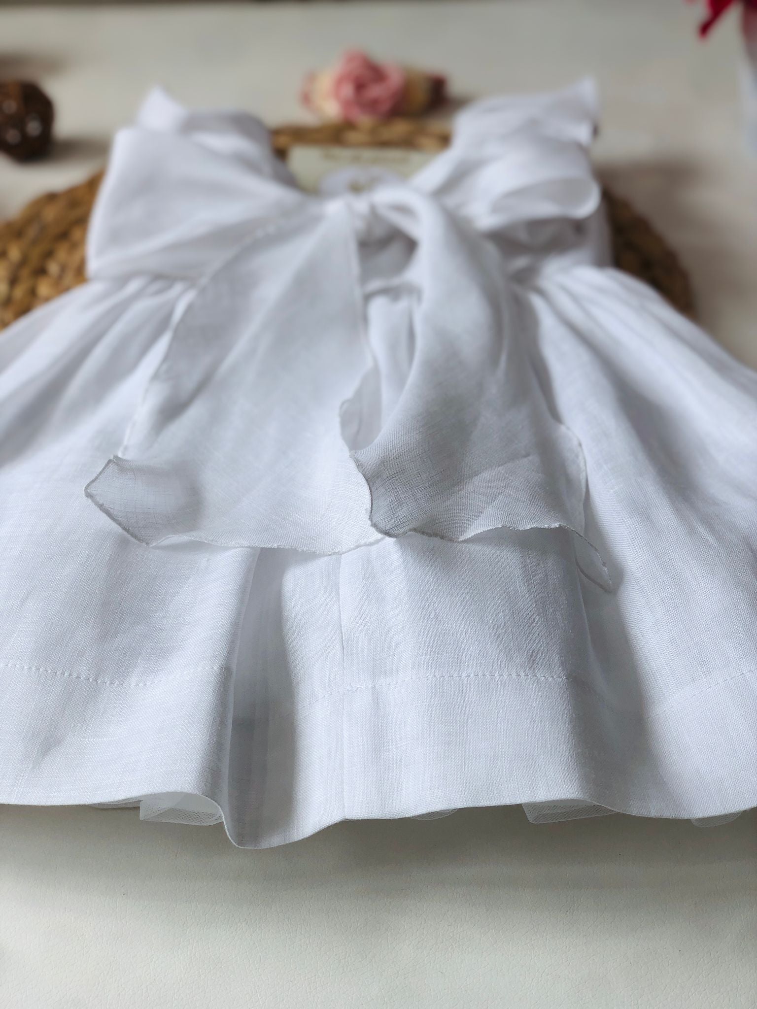 ELEGANT LINEN DRESS WITH LITTLE PINK FLOWERS