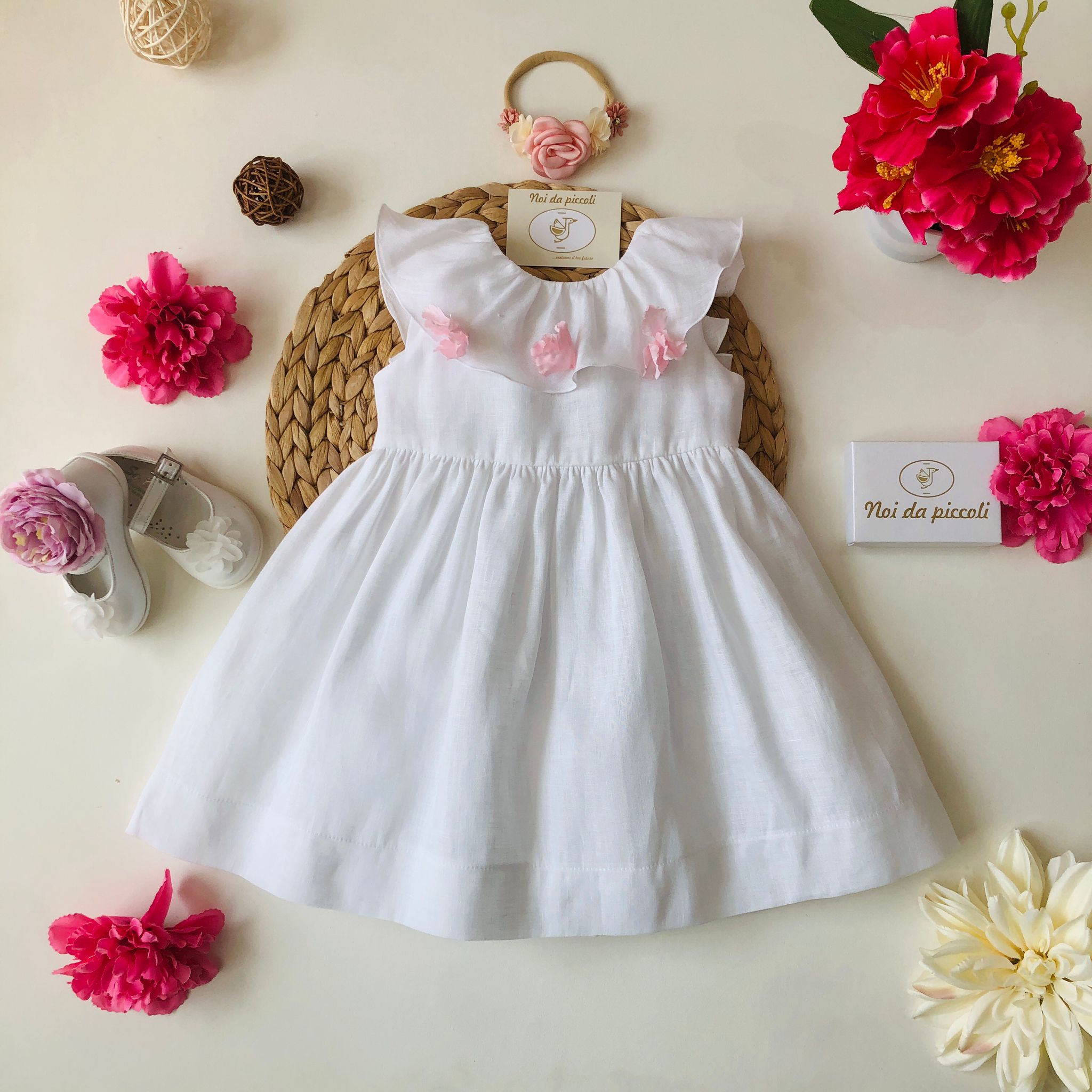 ELEGANT LINEN DRESS WITH LITTLE PINK FLOWERS