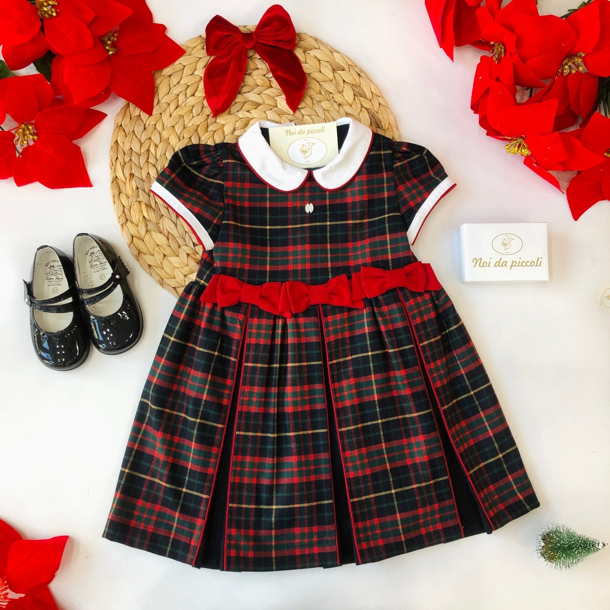 DARK TARTAN DRESS WITH 3 BOW BABY GIRL