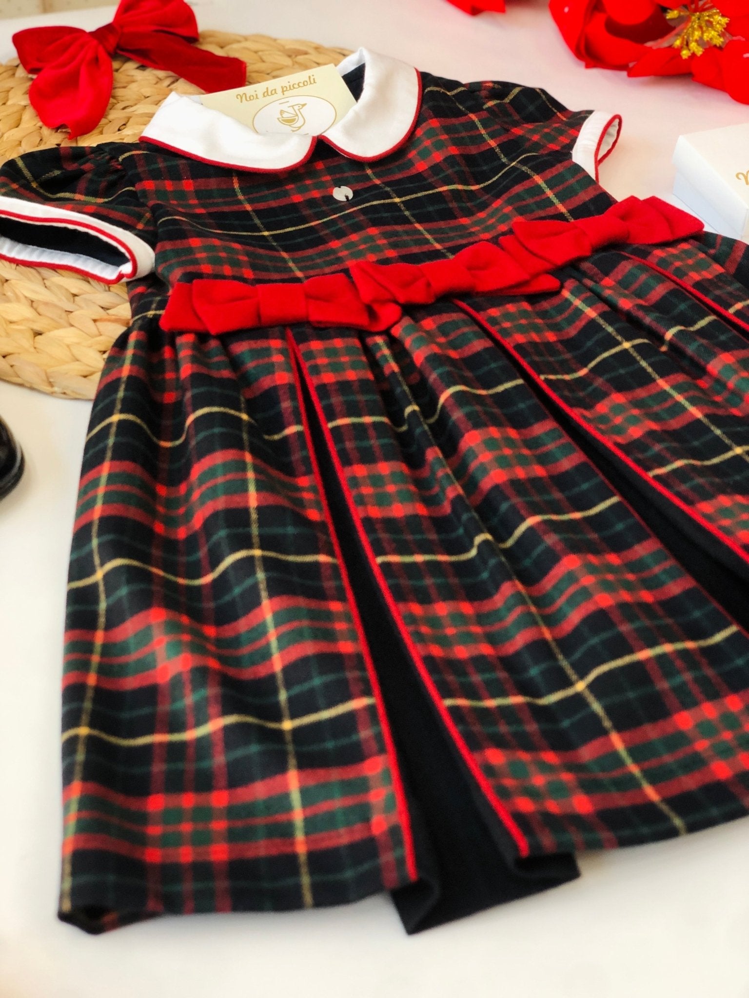 DARK TARTAN DRESS WITH 3 BOW BABY GIRL