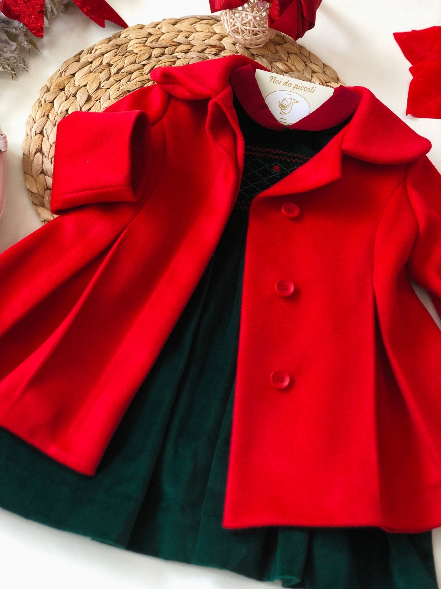 GREEN VELVET DRESS WITH SMOCK STITCH AND ROSES