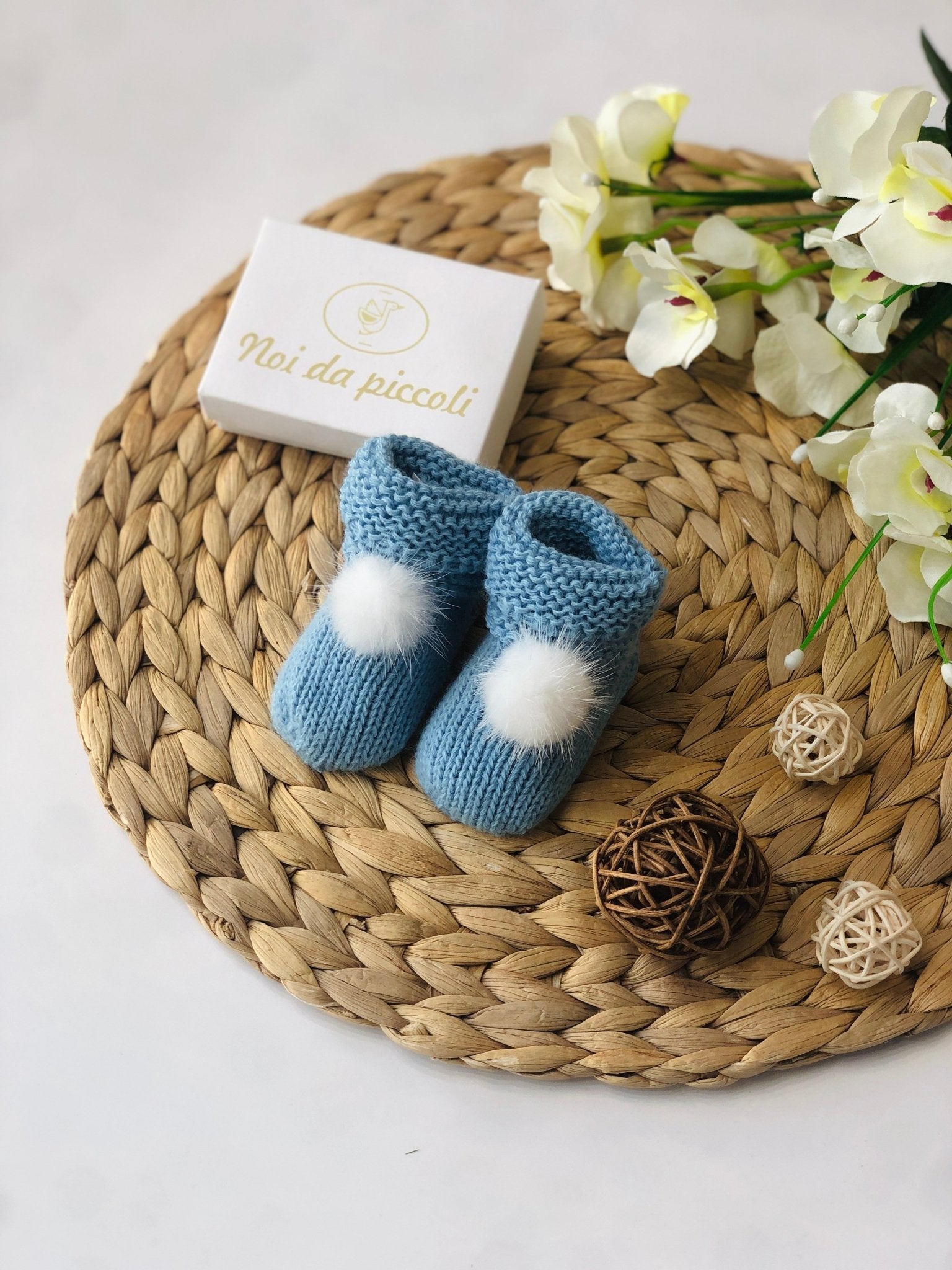 BABBUCCE AZULADO CON PON POM BIANCO - Noi da piccoli