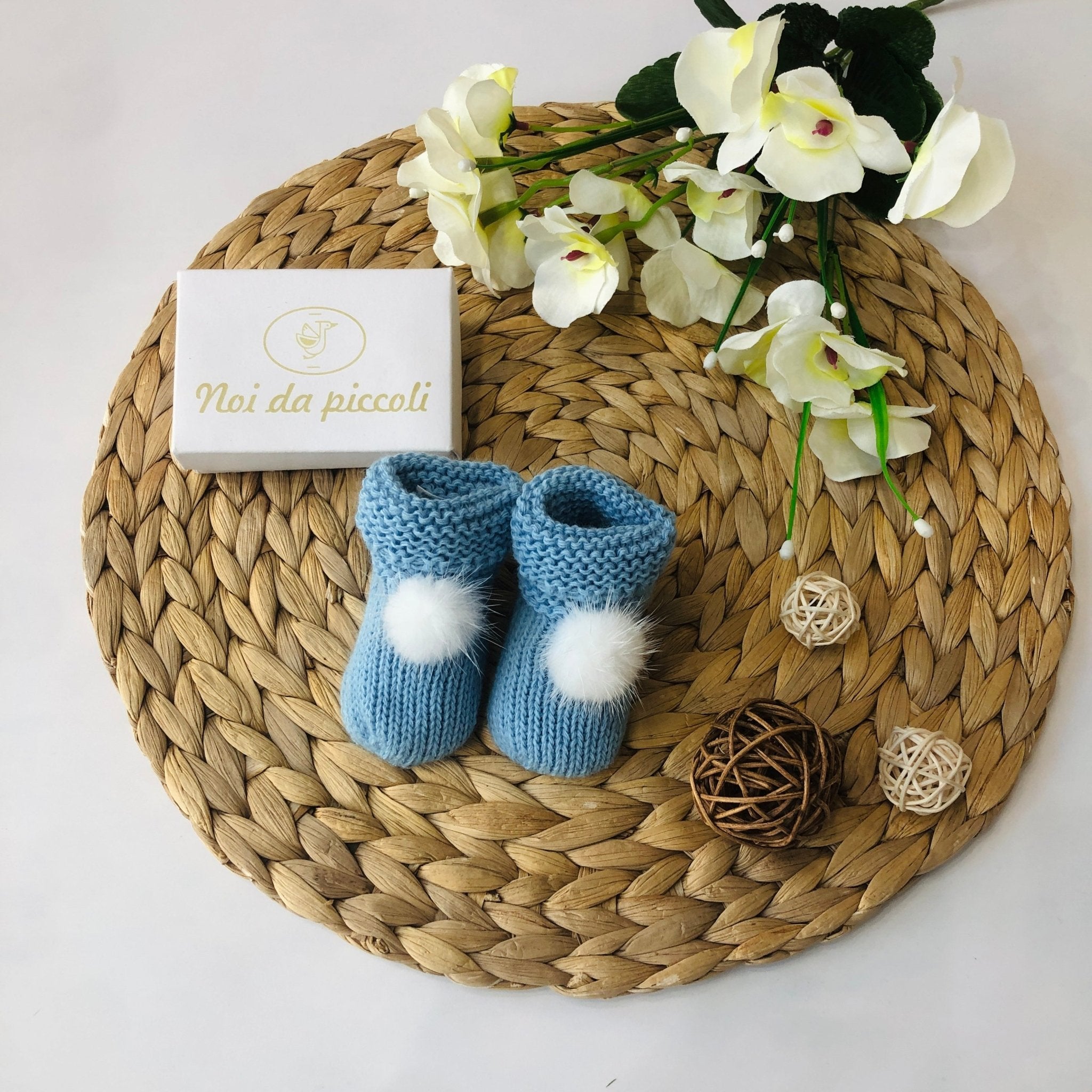 BABBUCCE AZULADO CON PON POM BIANCO - Noi da piccoli