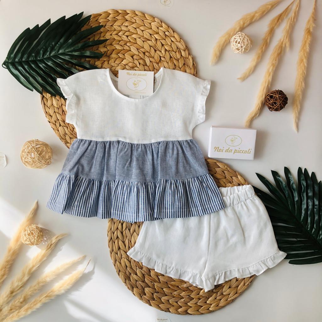 BLUSA RIGHE CON PANTALONCINO IN LINO 100% - Noi da piccoli