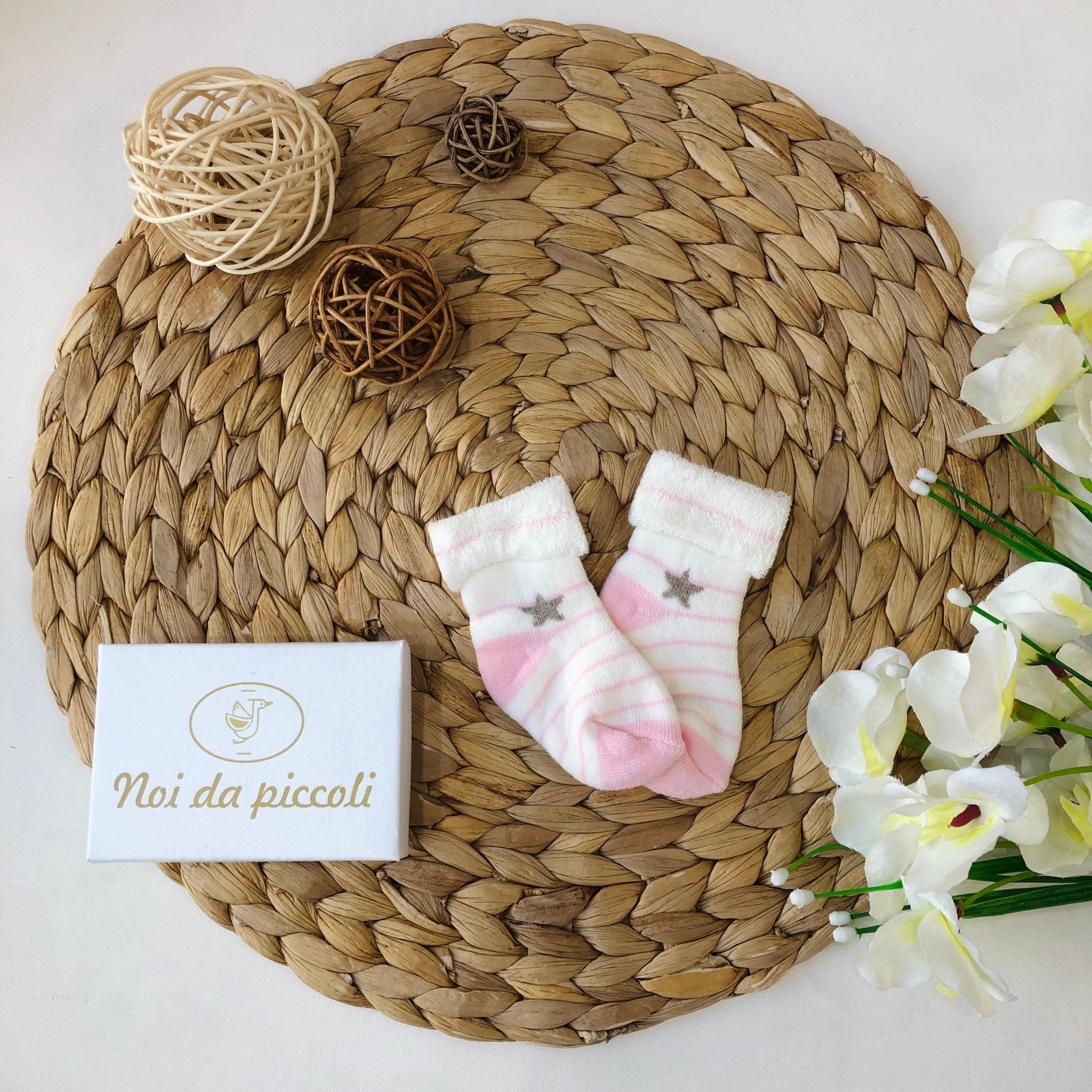 CALZINO IN SPUGNA PANNA RIGHE ROSA STELLINE - Noi da piccoli