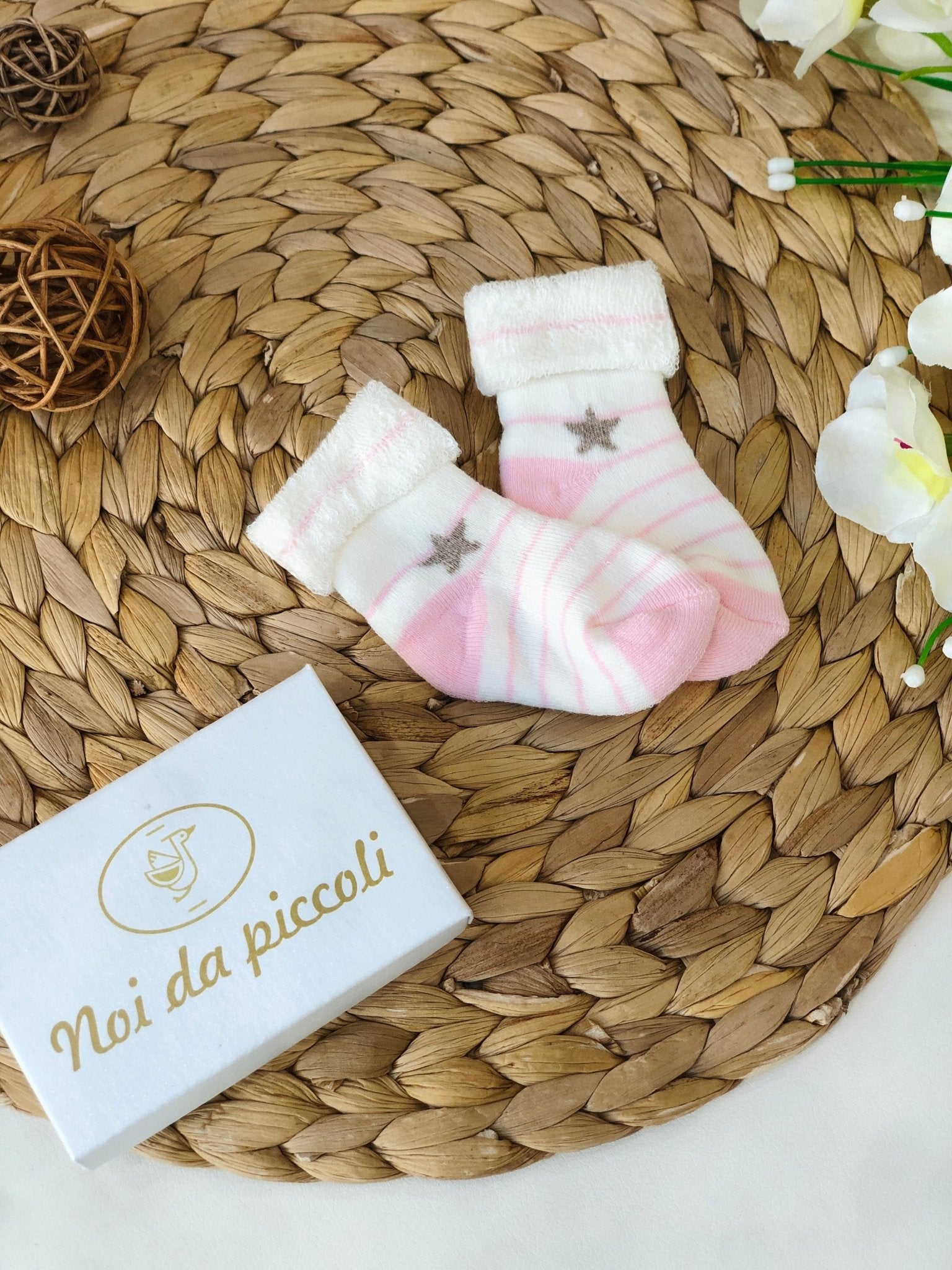 CALZINO IN SPUGNA PANNA RIGHE ROSA STELLINE - Noi da piccoli