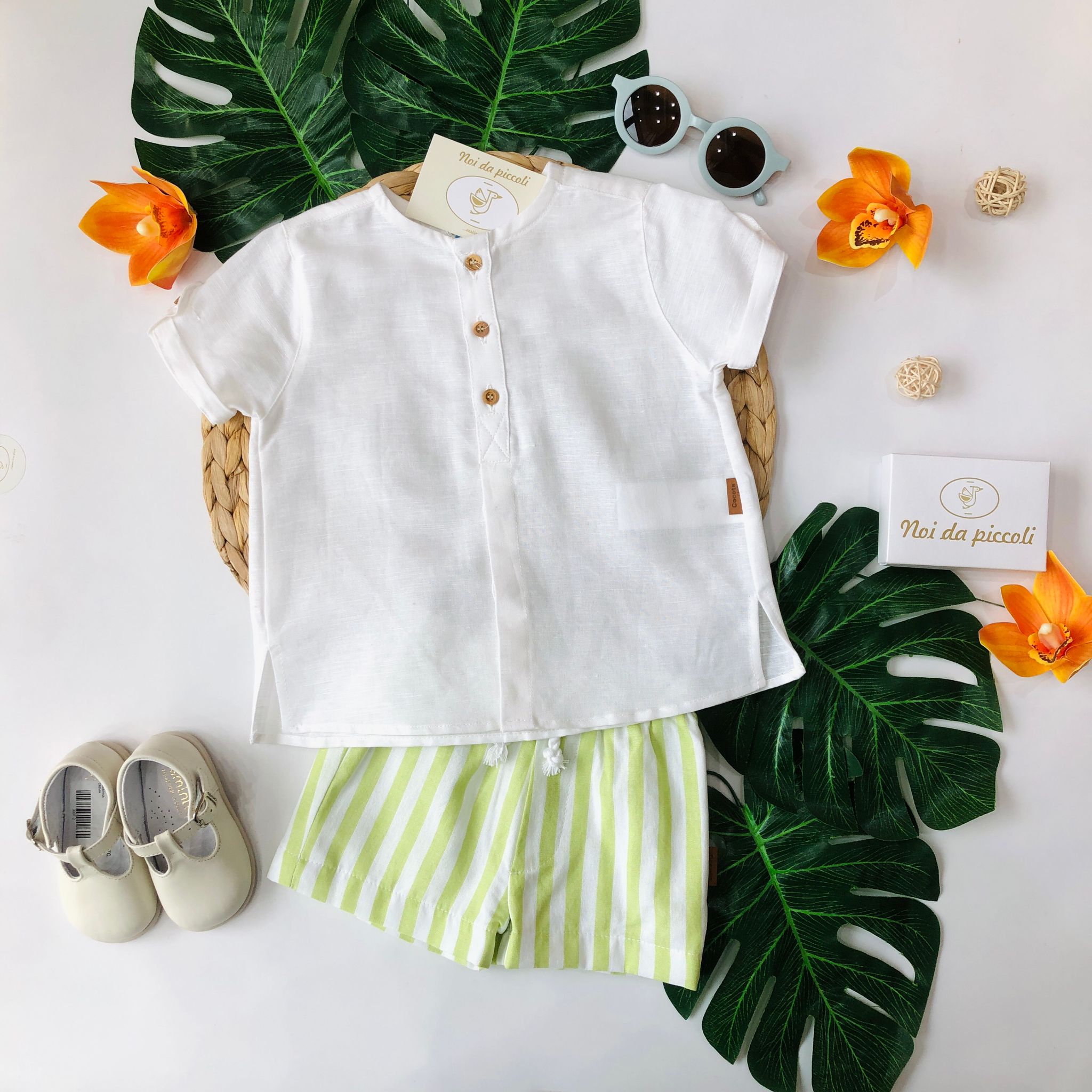 CAMICINA BIANCA CON PANTALONCINO RIGHE VERDE - Noi da piccoli