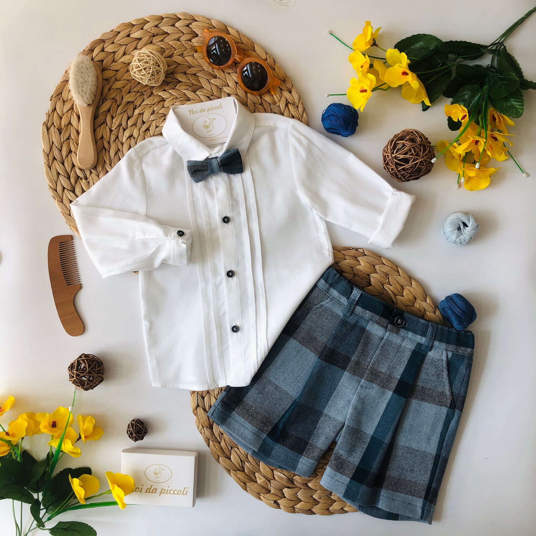 CAMICINA CON PANTALONCINO QUADRI POLVERE E GRIGIO - Noi da piccoli