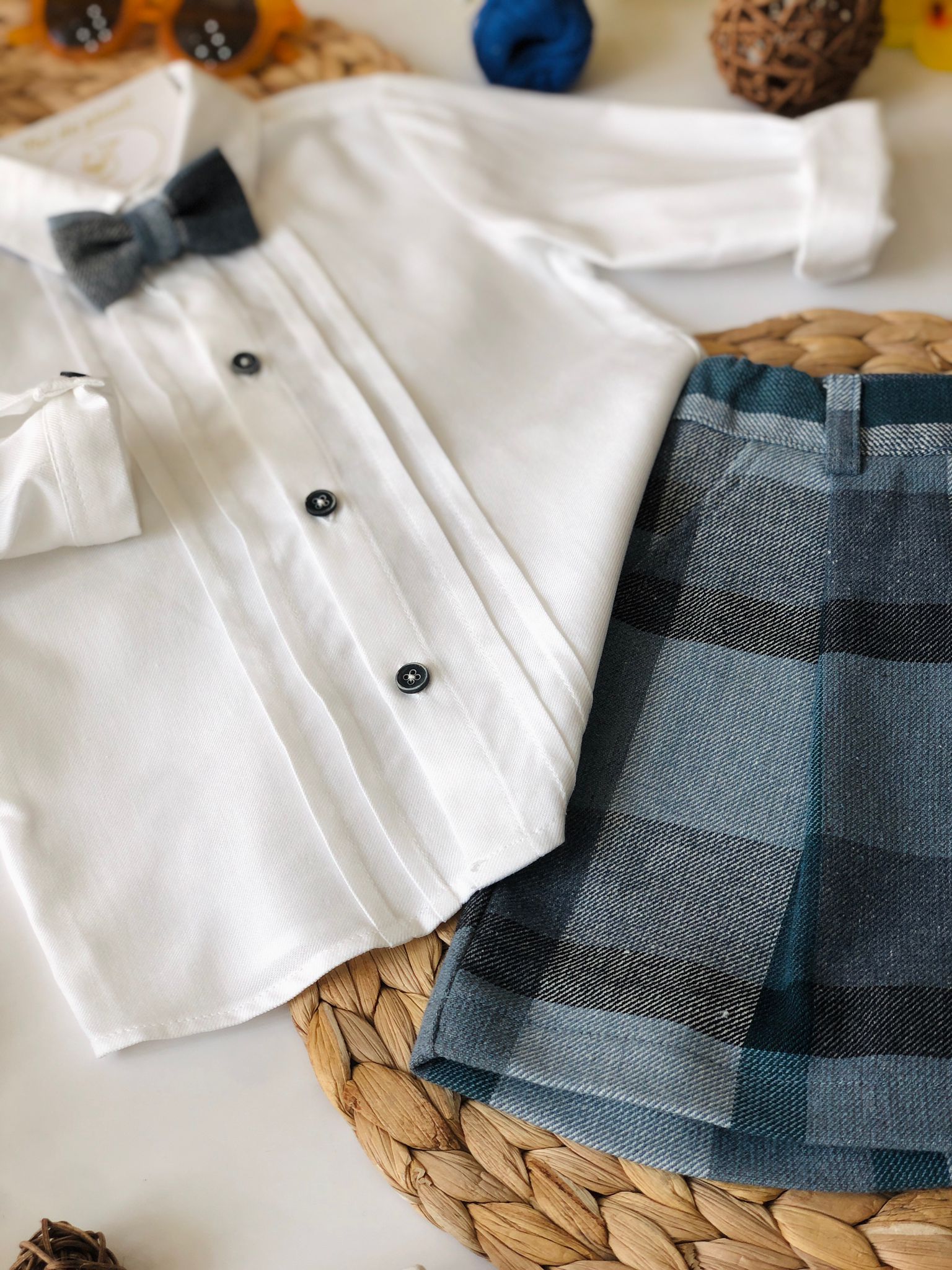 CAMICINA CON PANTALONCINO QUADRI POLVERE E GRIGIO - Noi da piccoli