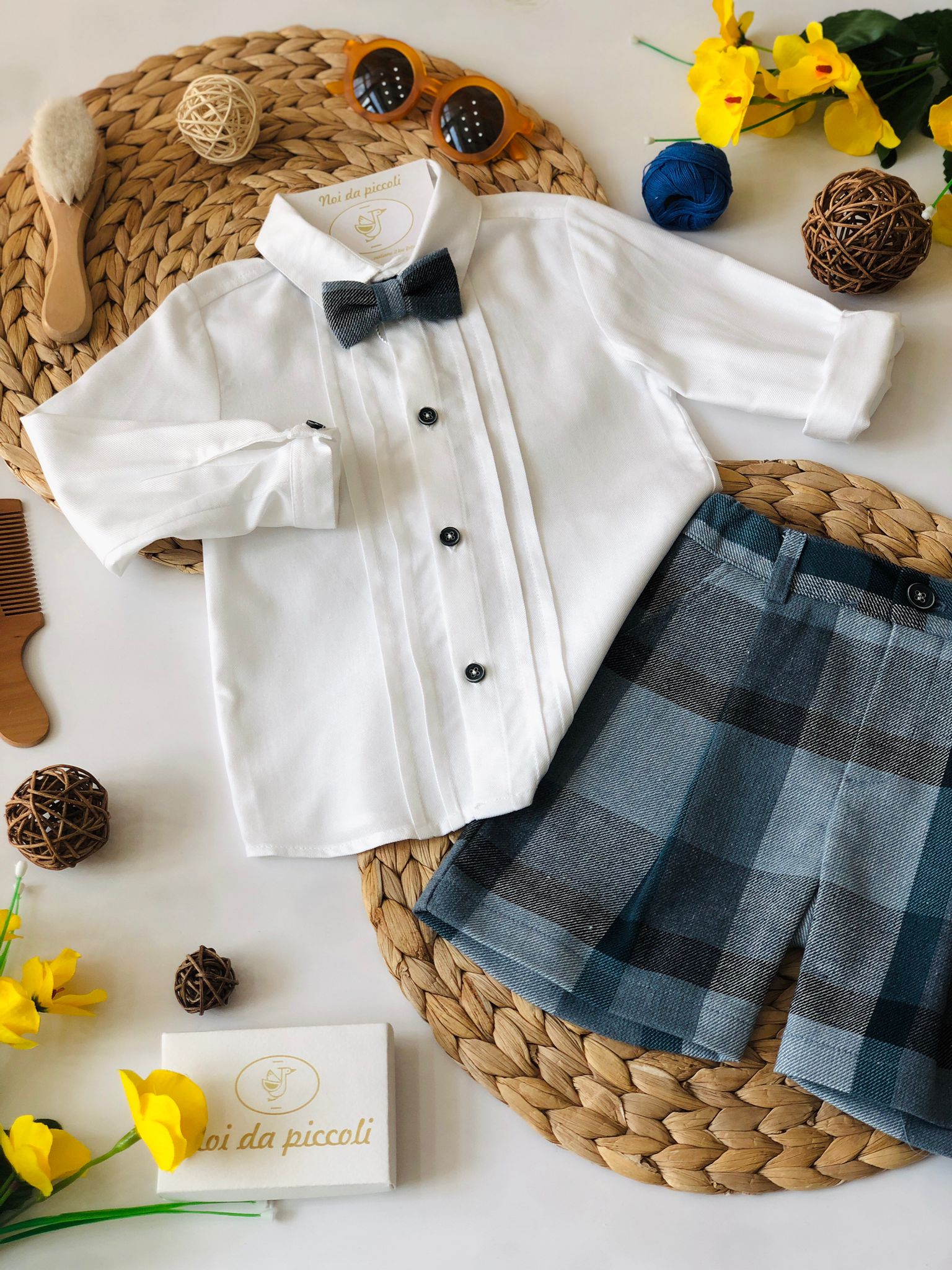 CAMICINA CON PANTALONCINO QUADRI POLVERE E GRIGIO - Noi da piccoli