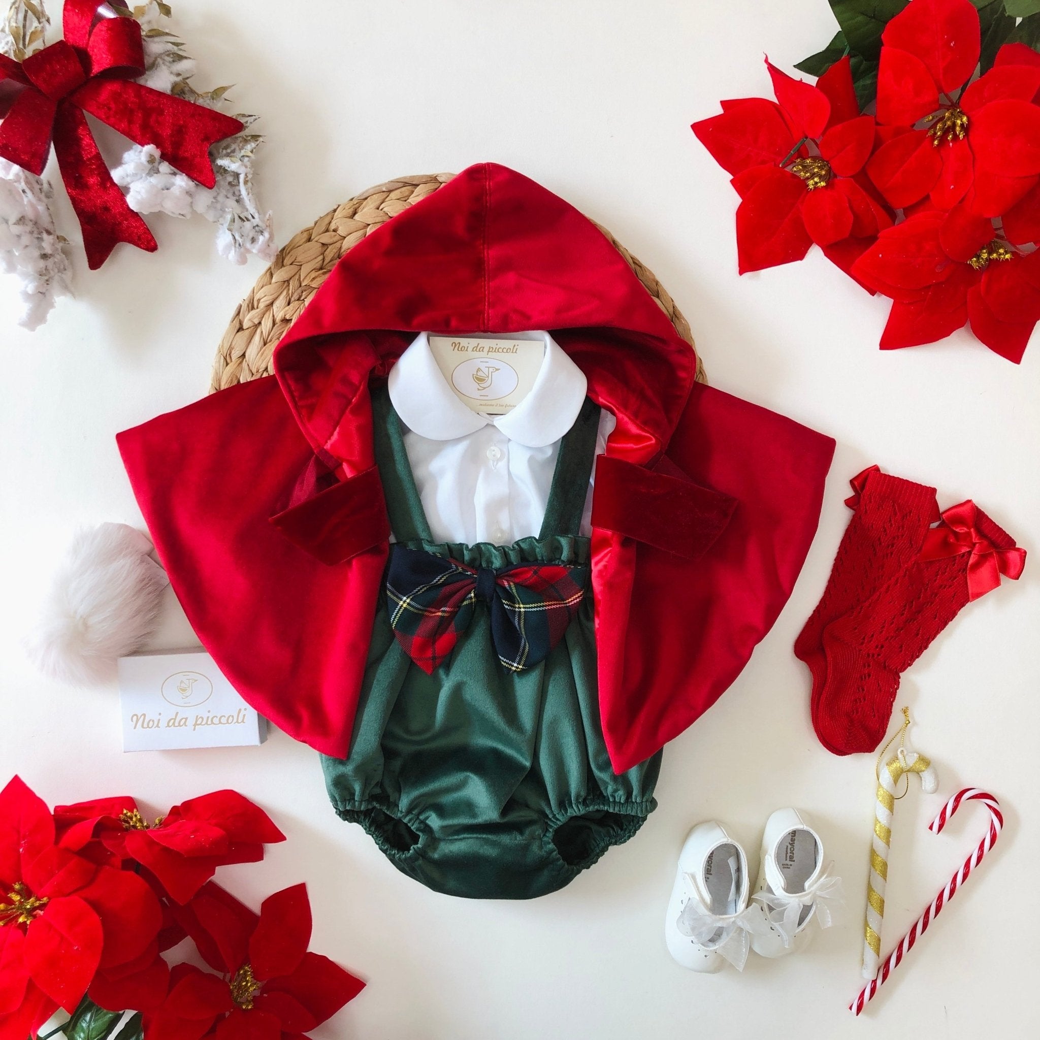 CAMICINA E SALOPETTE IN VELLUTO VERDE CON FIOCCO SCOZZESE - Noi da piccoli