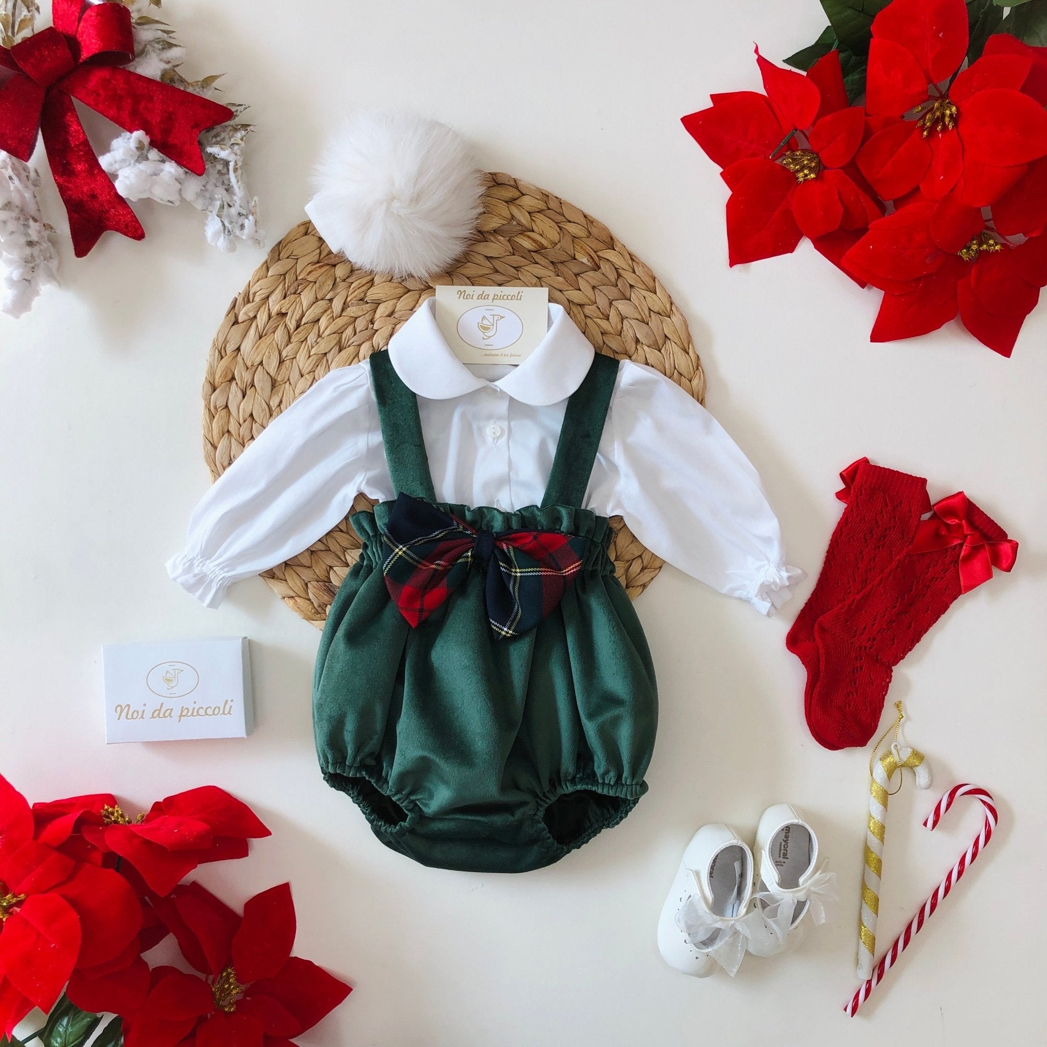 CAMICINA E SALOPETTE IN VELLUTO VERDE CON FIOCCO SCOZZESE - Noi da piccoli