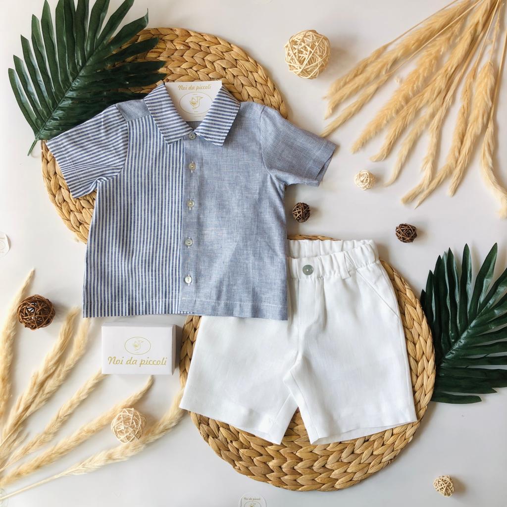 CAMICINA RIGHE LINO CON BERMUDA BIANCO - Noi da piccoli