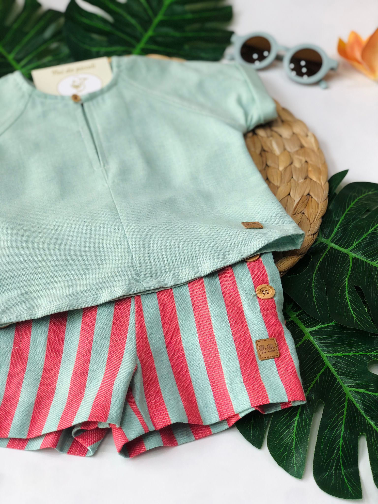 CAMICINA VERDE CON PANTALONCINO RIGHE VERDE E ROSSO - Noi da piccoli