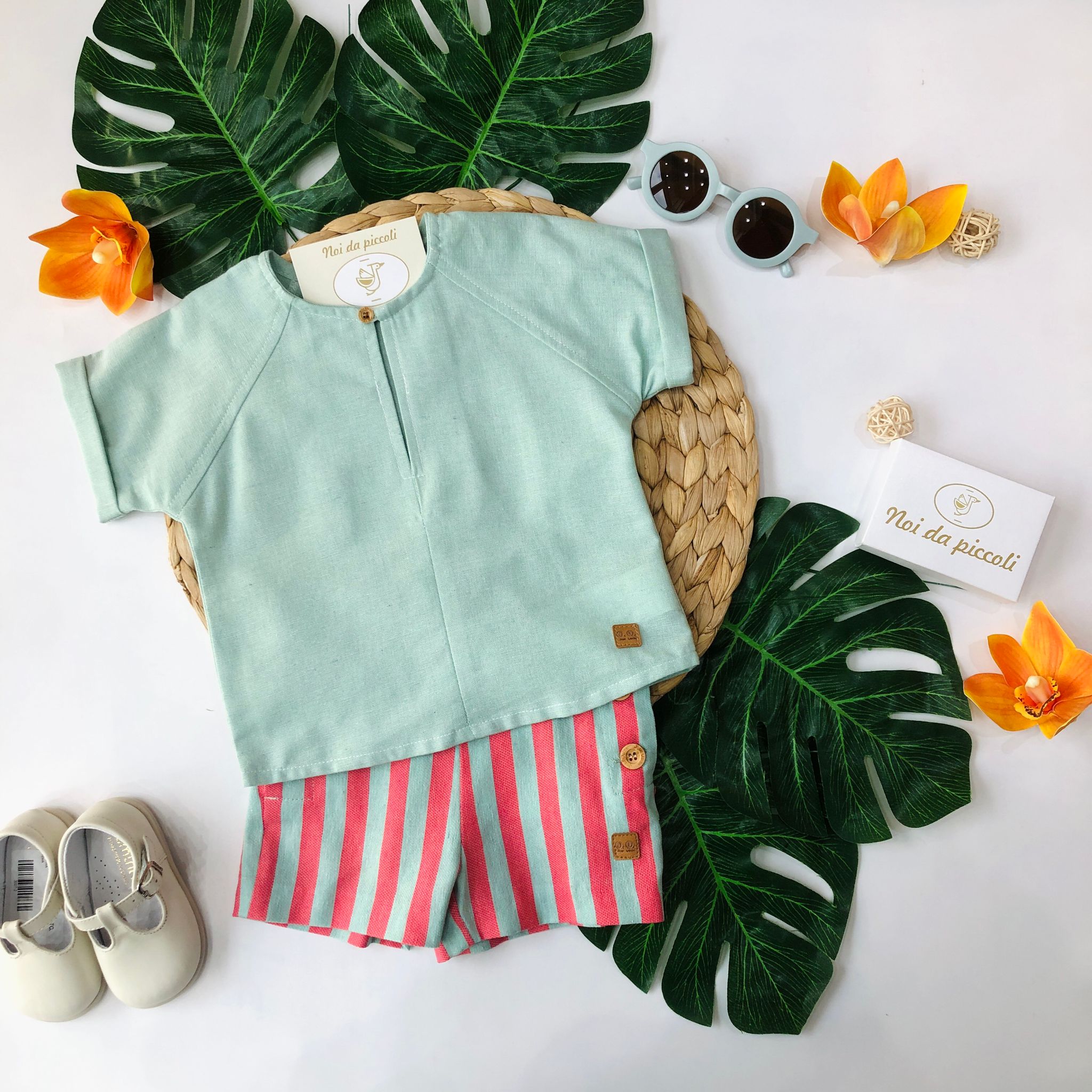 CAMICINA VERDE CON PANTALONCINO RIGHE VERDE E ROSSO - Noi da piccoli