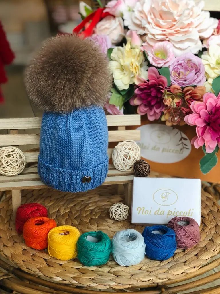 CAPPELLINO 1 POMPON LANA E VOLPE AVION/NATURALE - Noi da piccoli