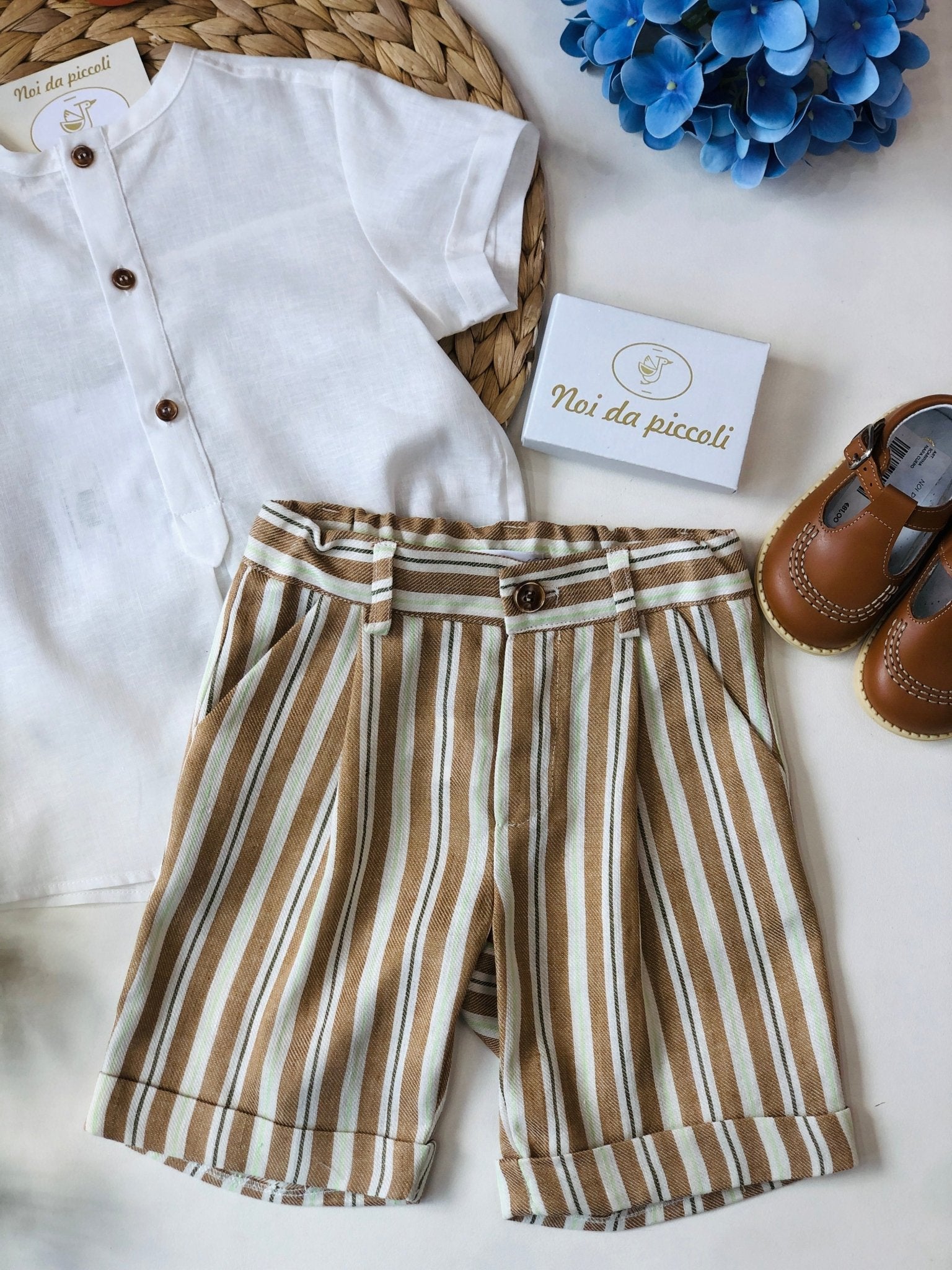 CASACCA CON SHORT A RIGHE BEIGE E MARRONE LINO - Noi da piccoli