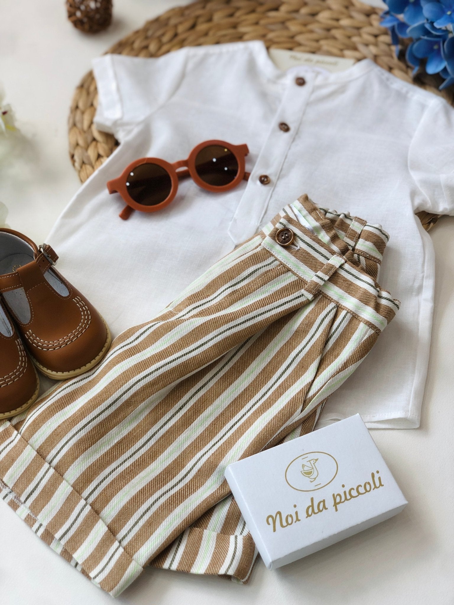 CASACCA CON SHORT A RIGHE BEIGE E MARRONE LINO - Noi da piccoli