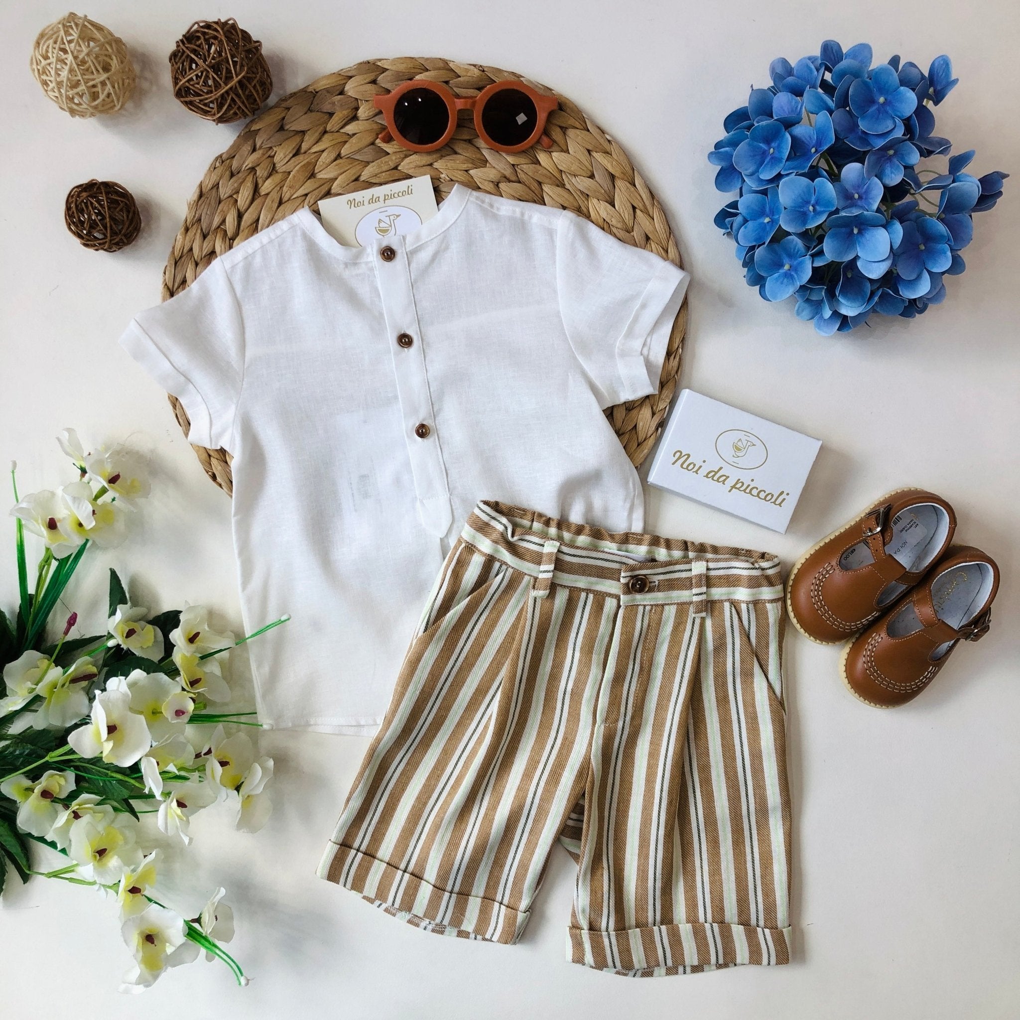 CASACCA CON SHORT A RIGHE BEIGE E MARRONE LINO - Noi da piccoli
