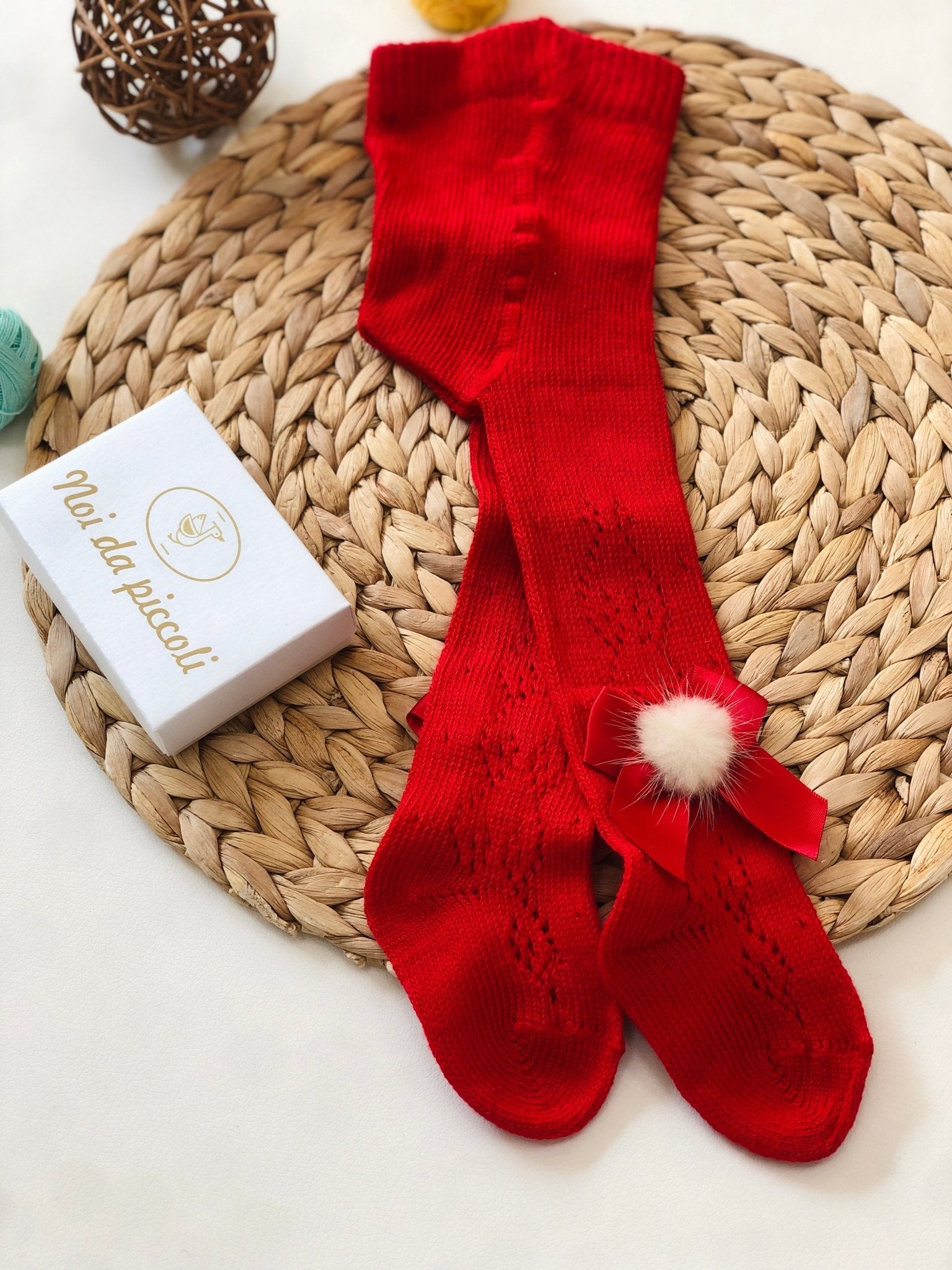 COLLANT TRAFORATO FIOCCO E PONPOM ROSSO CALDO COTONE - Noi da piccoli