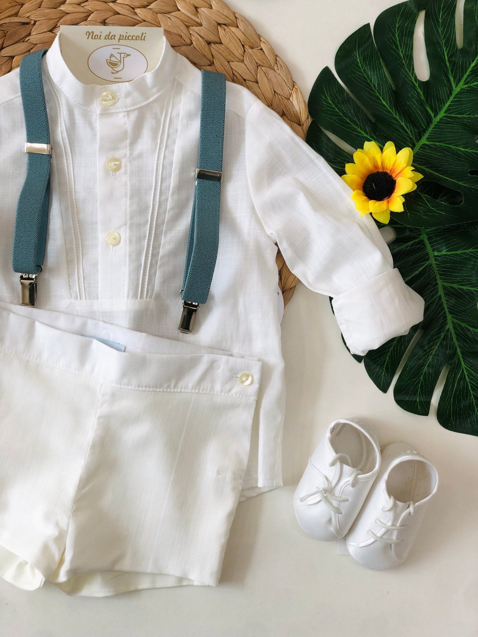 COMPLETO 3 PZ BIANCO CON BRETELLE PETROLIO - Noi da piccoli