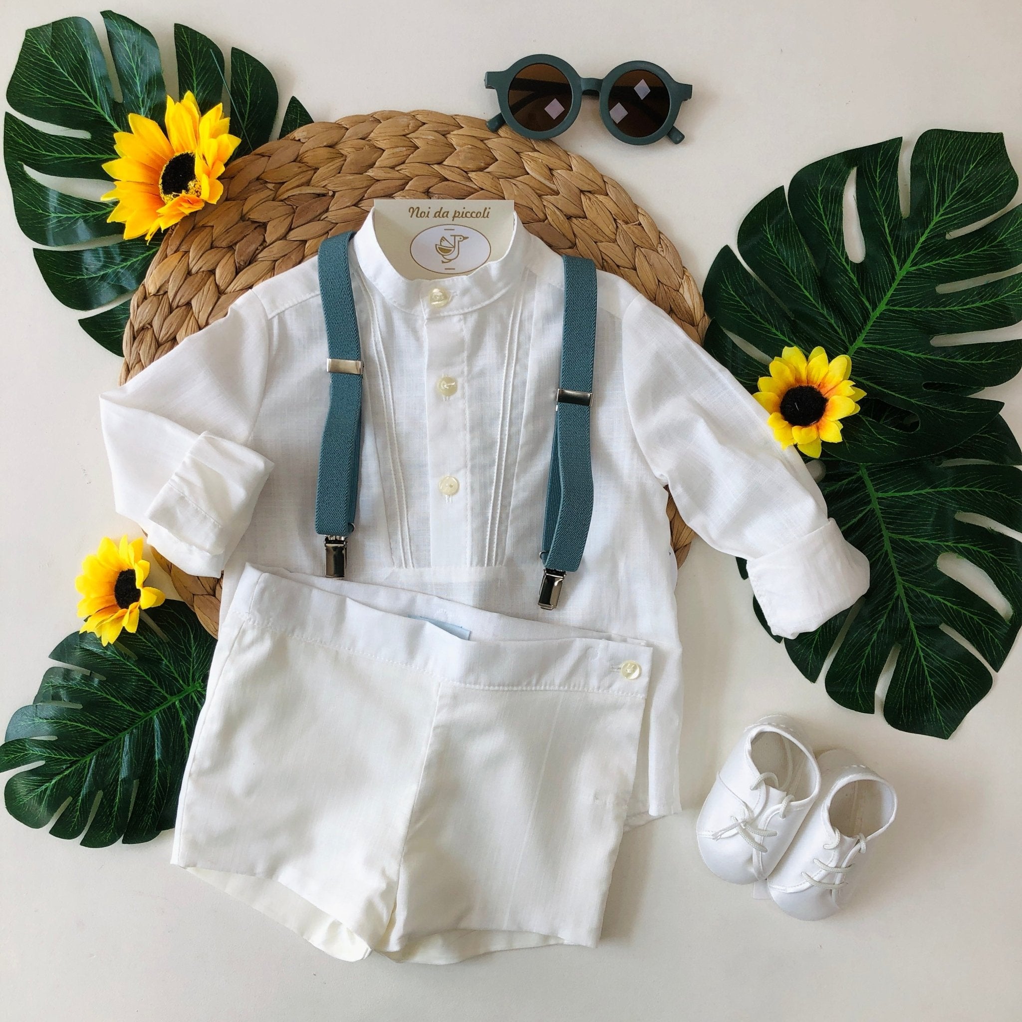 COMPLETO 3 PZ BIANCO CON BRETELLE PETROLIO - Noi da piccoli