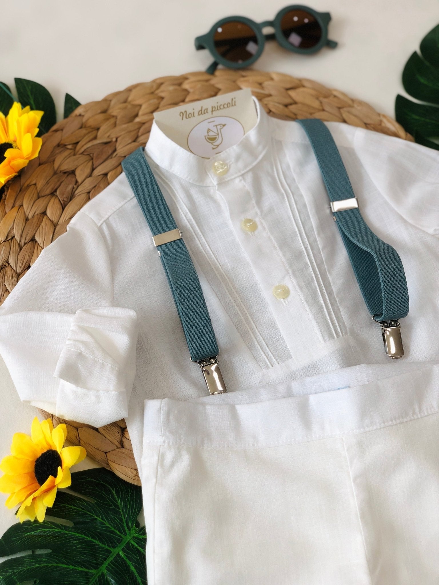 COMPLETO 3 PZ BIANCO CON BRETELLE PETROLIO - Noi da piccoli