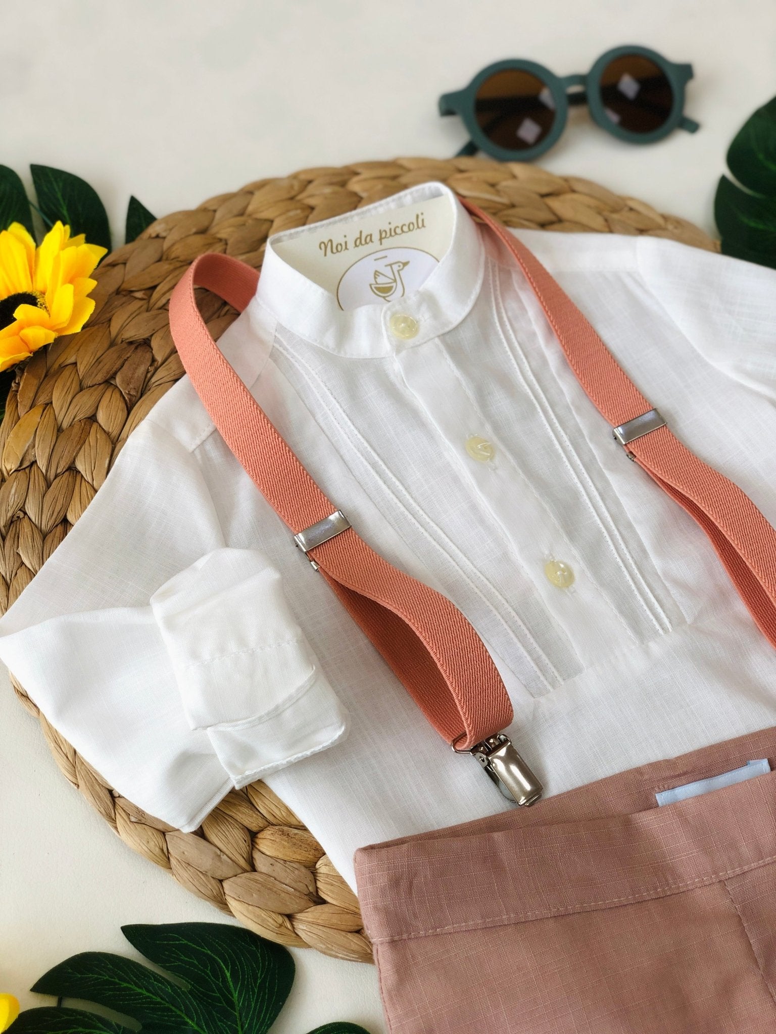 COMPLETO 3 PZ BIANCO E ROSA MATTONE CON BRETELLE - Noi da piccoli