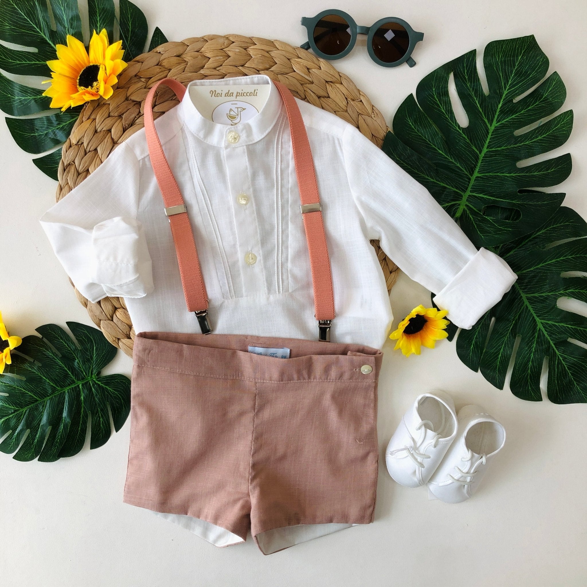 COMPLETO 3 PZ BIANCO E ROSA MATTONE CON BRETELLE - Noi da piccoli