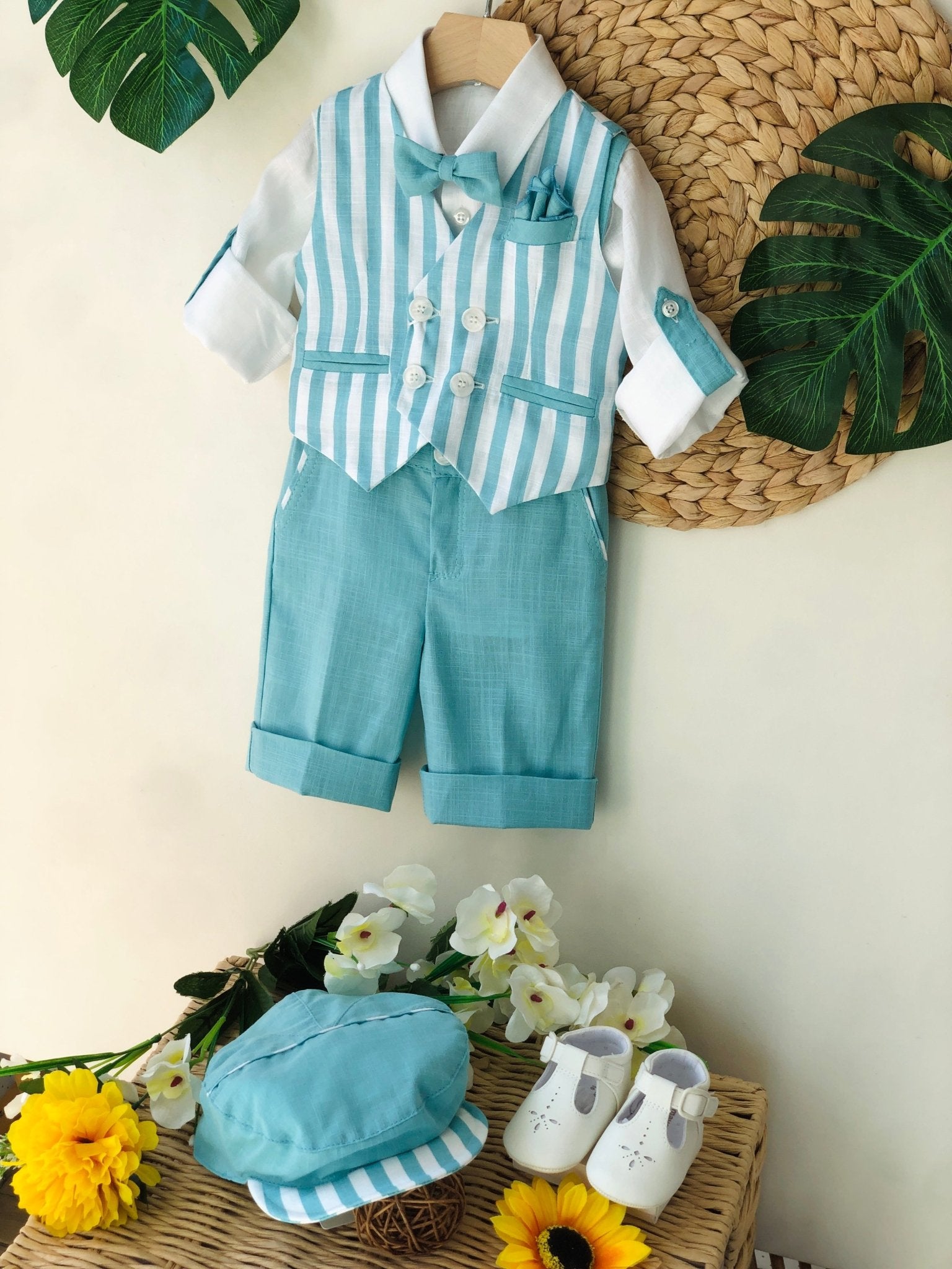 COMPLETO 4 PEZZI AZZURRO RIGHE IN LINO E COTONE - Noi da piccoli