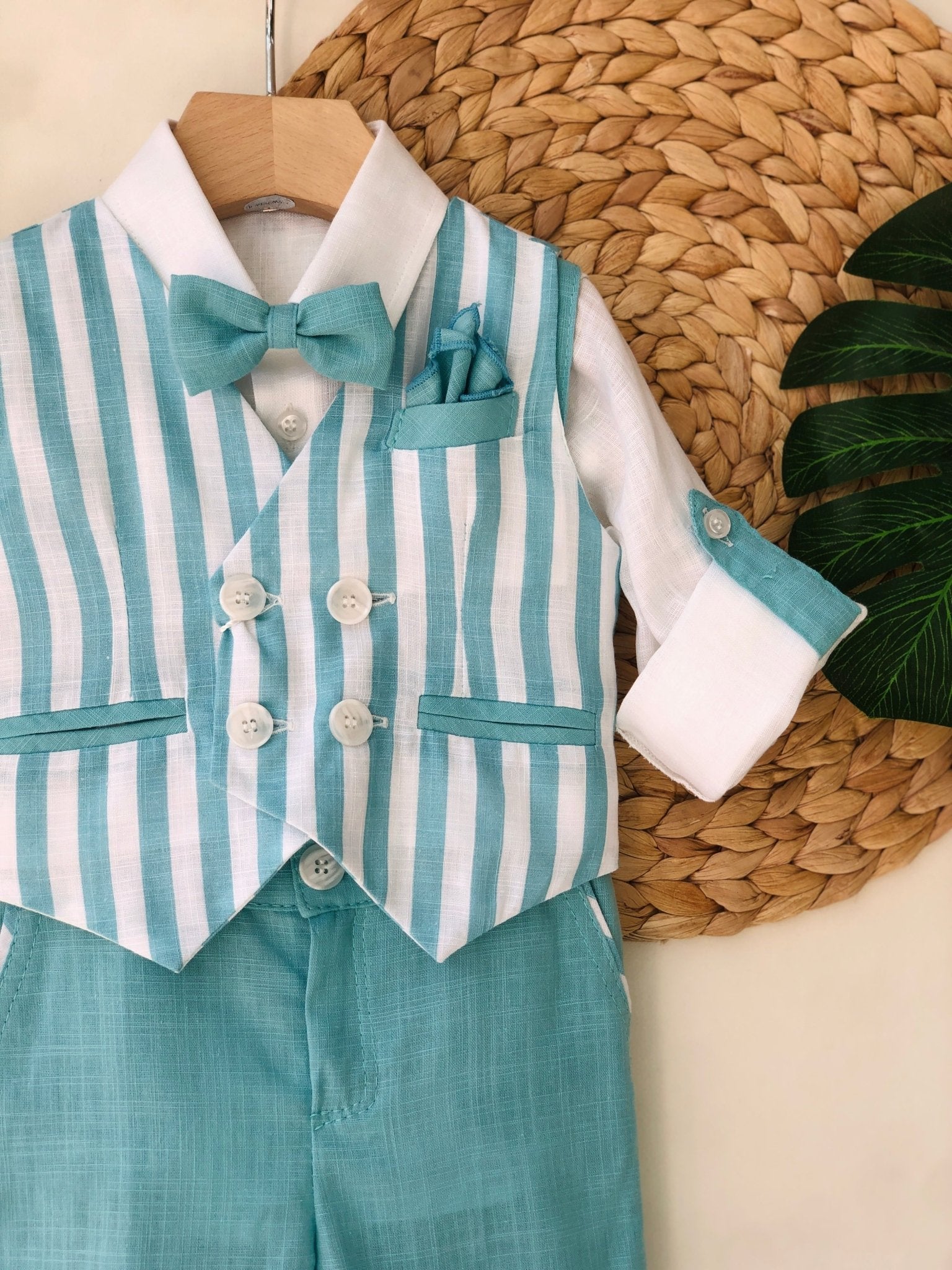 COMPLETO 4 PEZZI AZZURRO RIGHE IN LINO E COTONE - Noi da piccoli