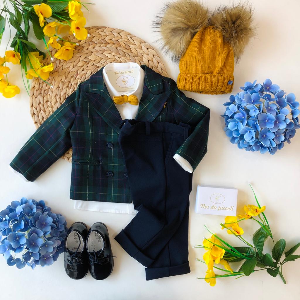 COMPLETO 4 PEZZI VERDE E BLU CON DETTAGLI SENAPE - Noi da piccoli