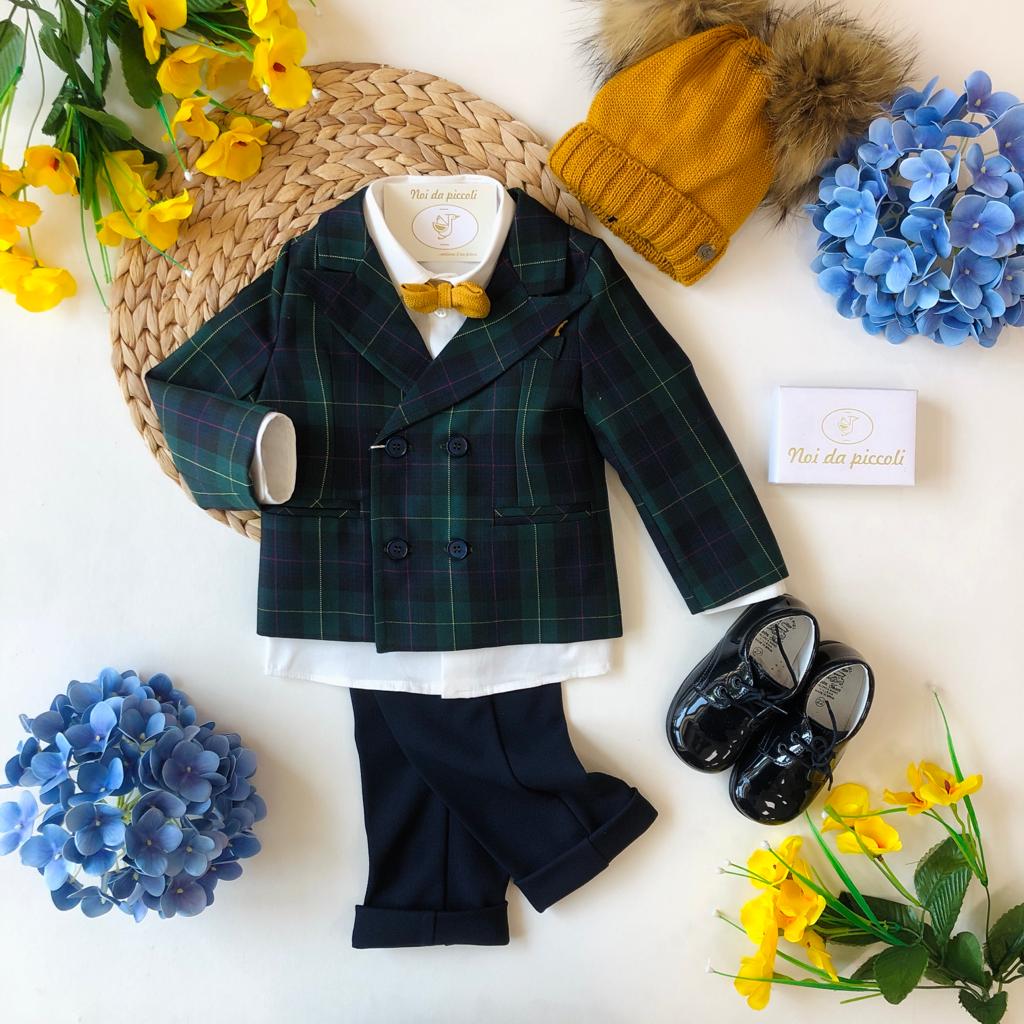 COMPLETO 4 PEZZI VERDE E BLU CON DETTAGLI SENAPE - Noi da piccoli