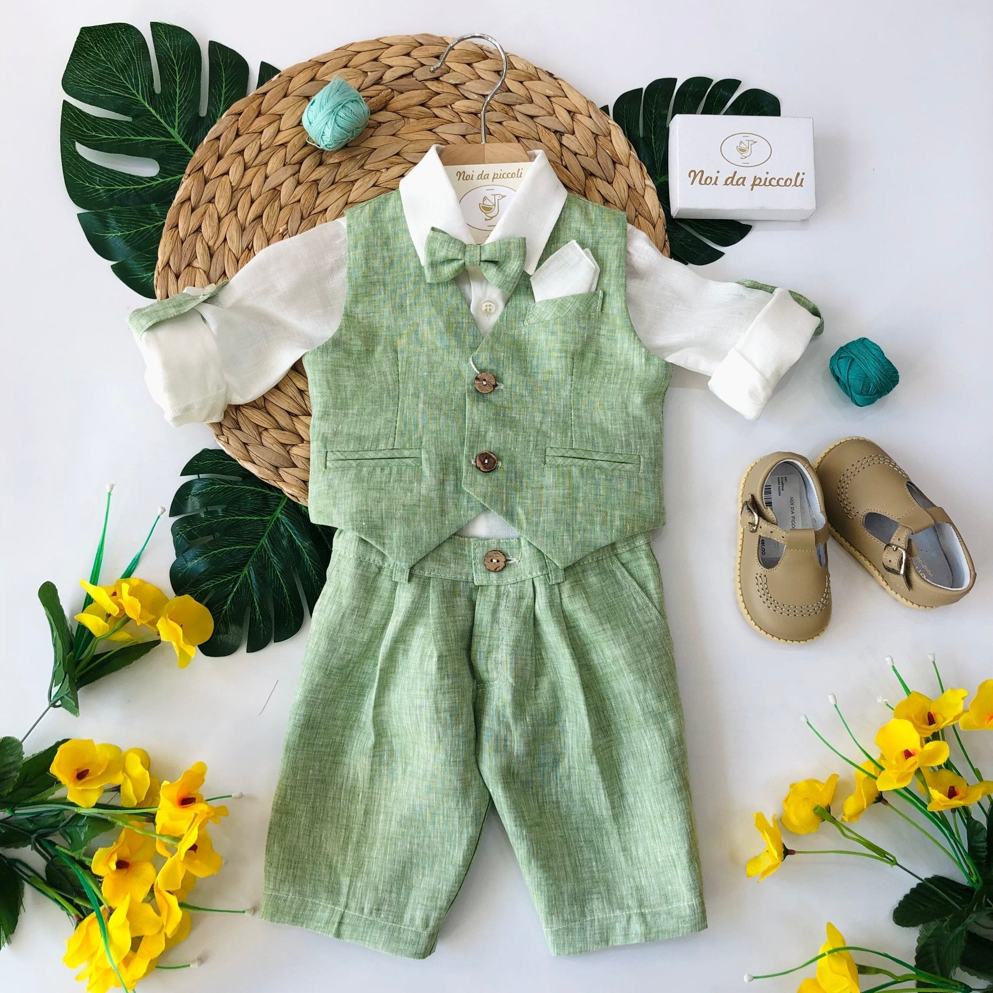 COMPLETO 4 PEZZI VERDE IN LINO E COTONE - Noi da piccoli