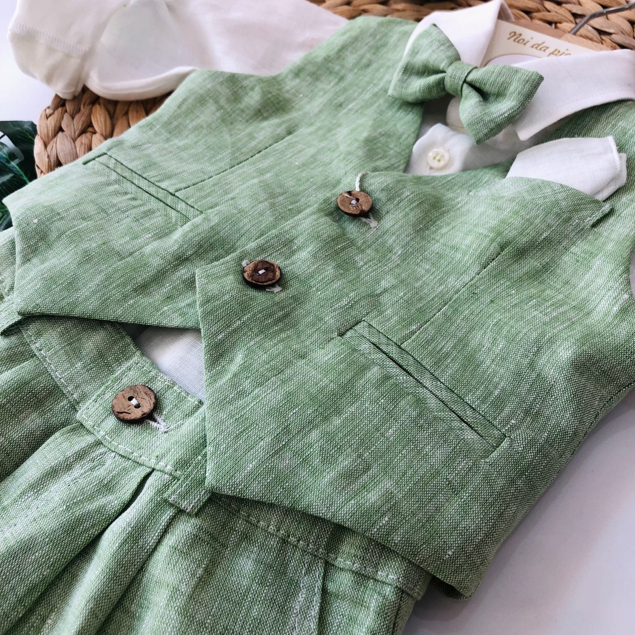 COMPLETO 4 PEZZI VERDE IN LINO E COTONE - Noi da piccoli