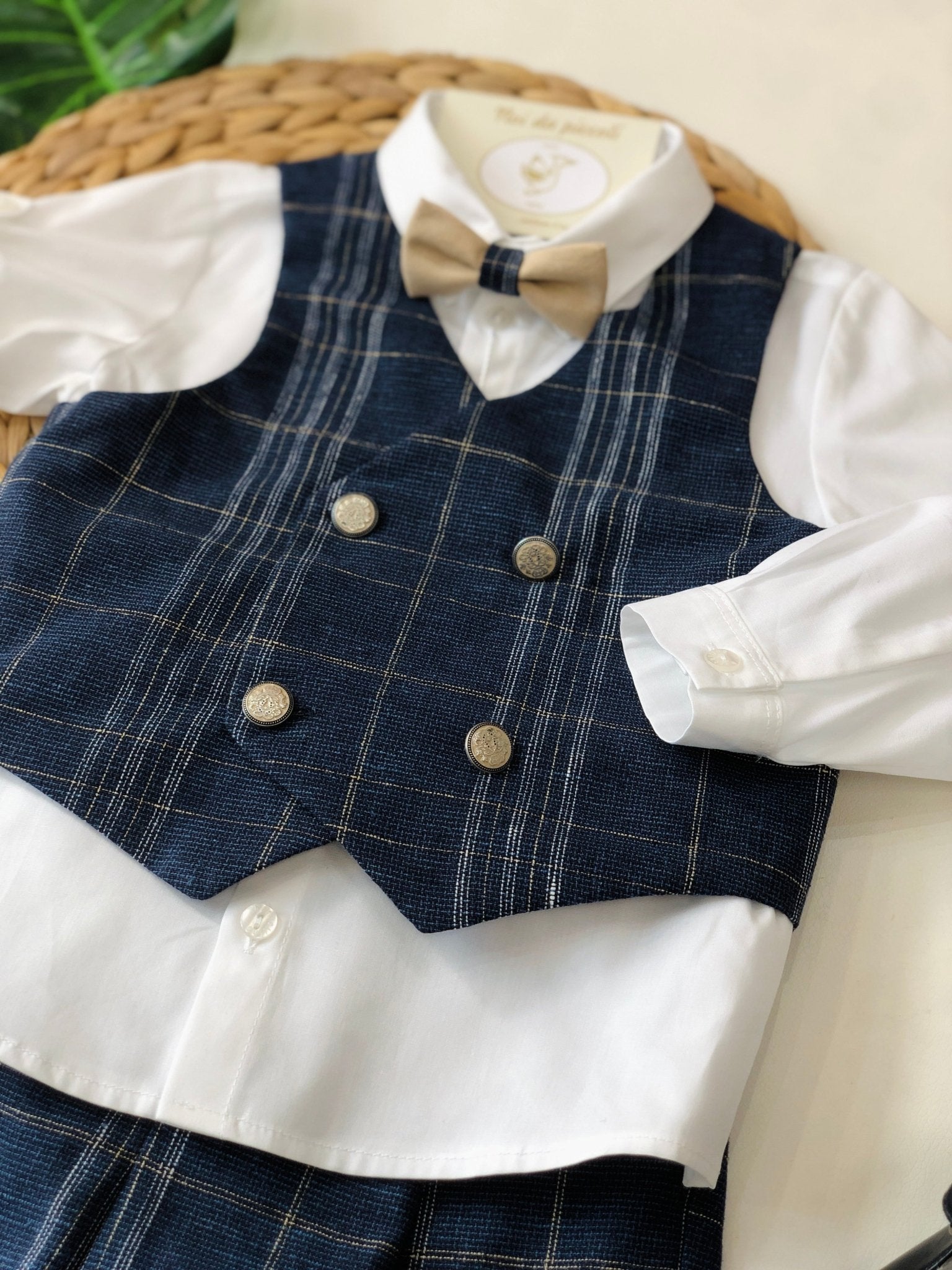 COMPLETO 4PZ BLU GESSATO BEIGE COTONE - Noi da piccoli