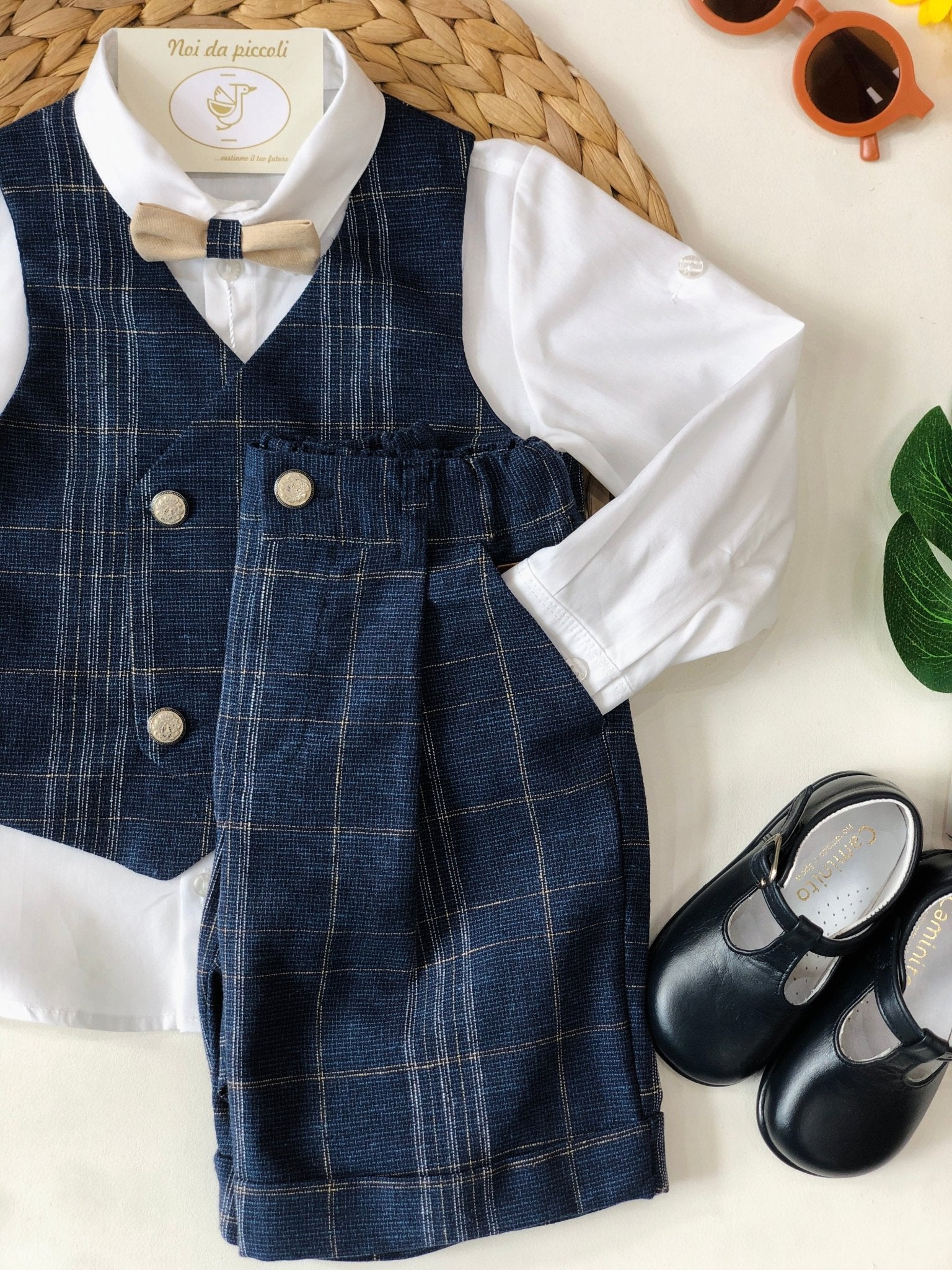 COMPLETO 4PZ BLU GESSATO BEIGE COTONE - Noi da piccoli