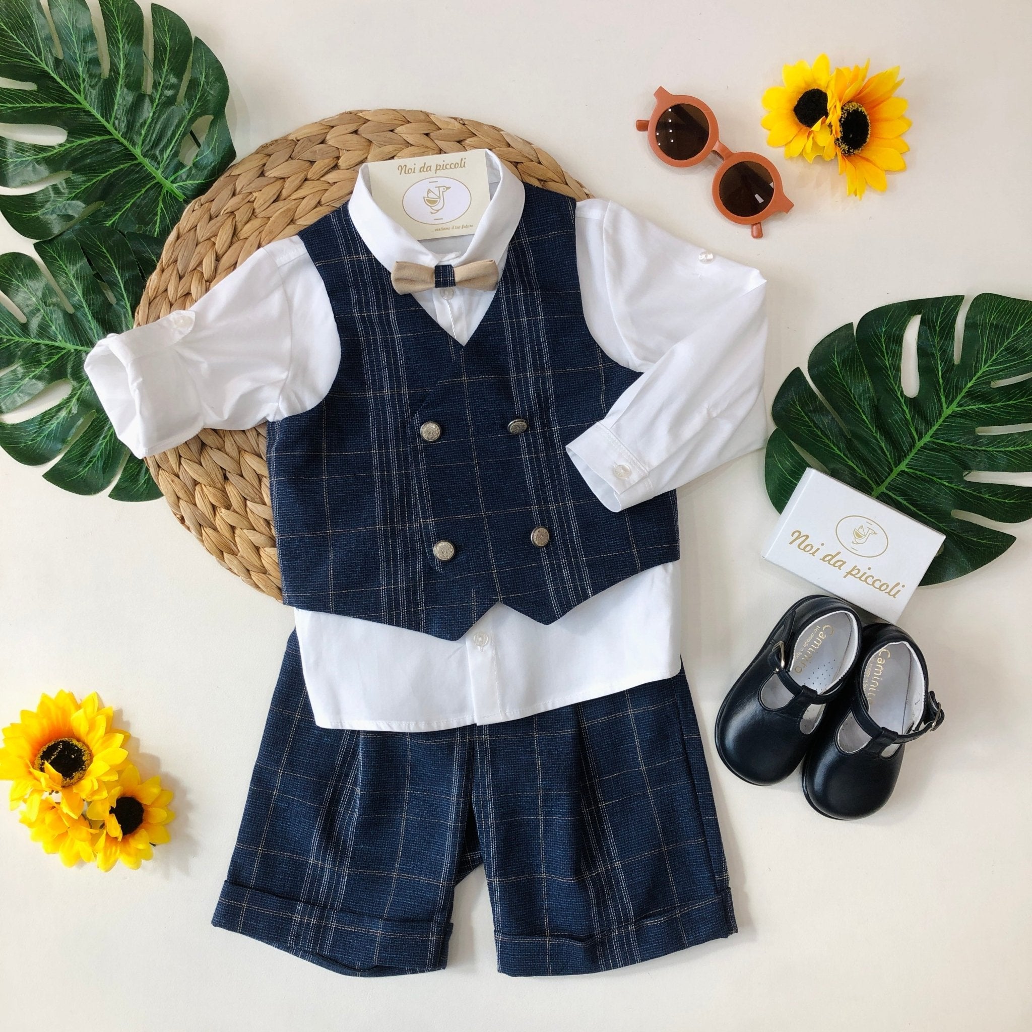 COMPLETO 4PZ BLU GESSATO BEIGE COTONE - Noi da piccoli