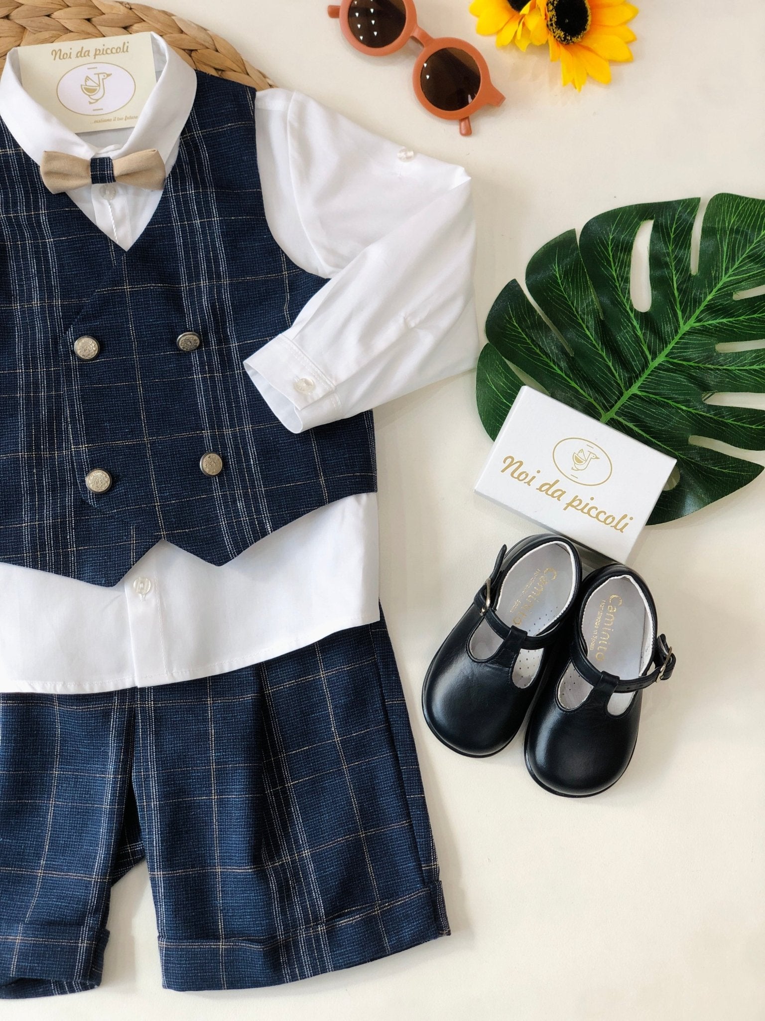 COMPLETO 4PZ BLU GESSATO BEIGE COTONE - Noi da piccoli