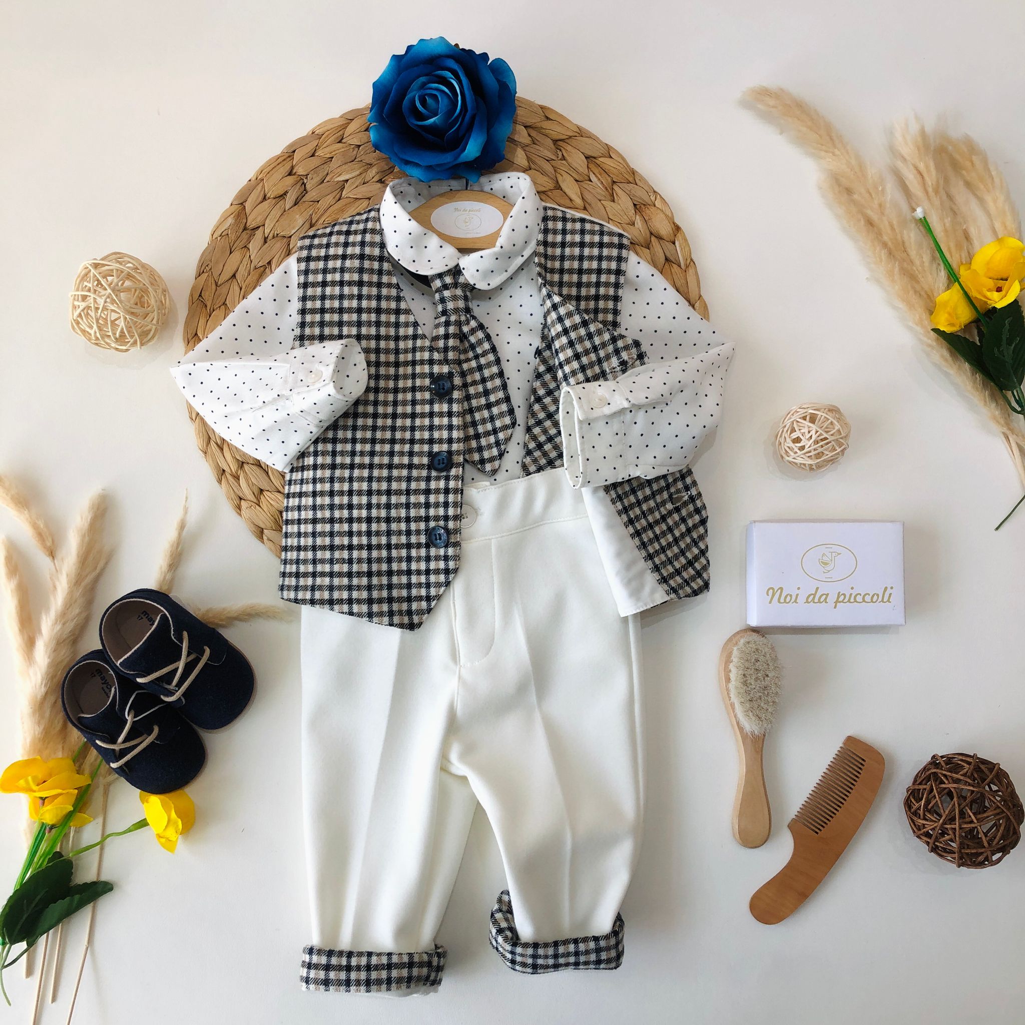 COMPLETO PANNA E QUADRETTI BEIGE E BLU - Noi da piccoli