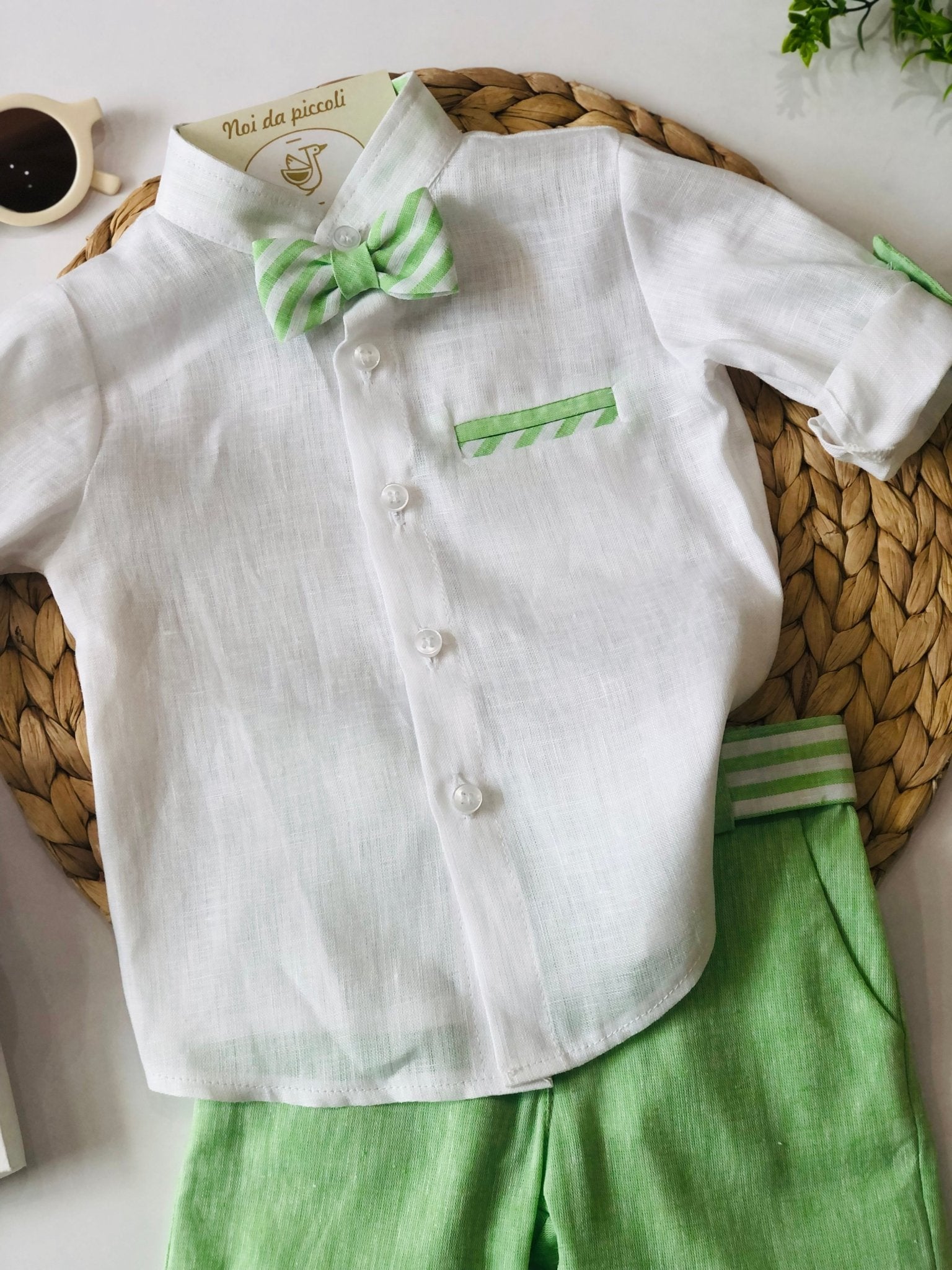 COMPLETO VERDE IN 100% LINO CON BRETELLE - Noi da piccoli